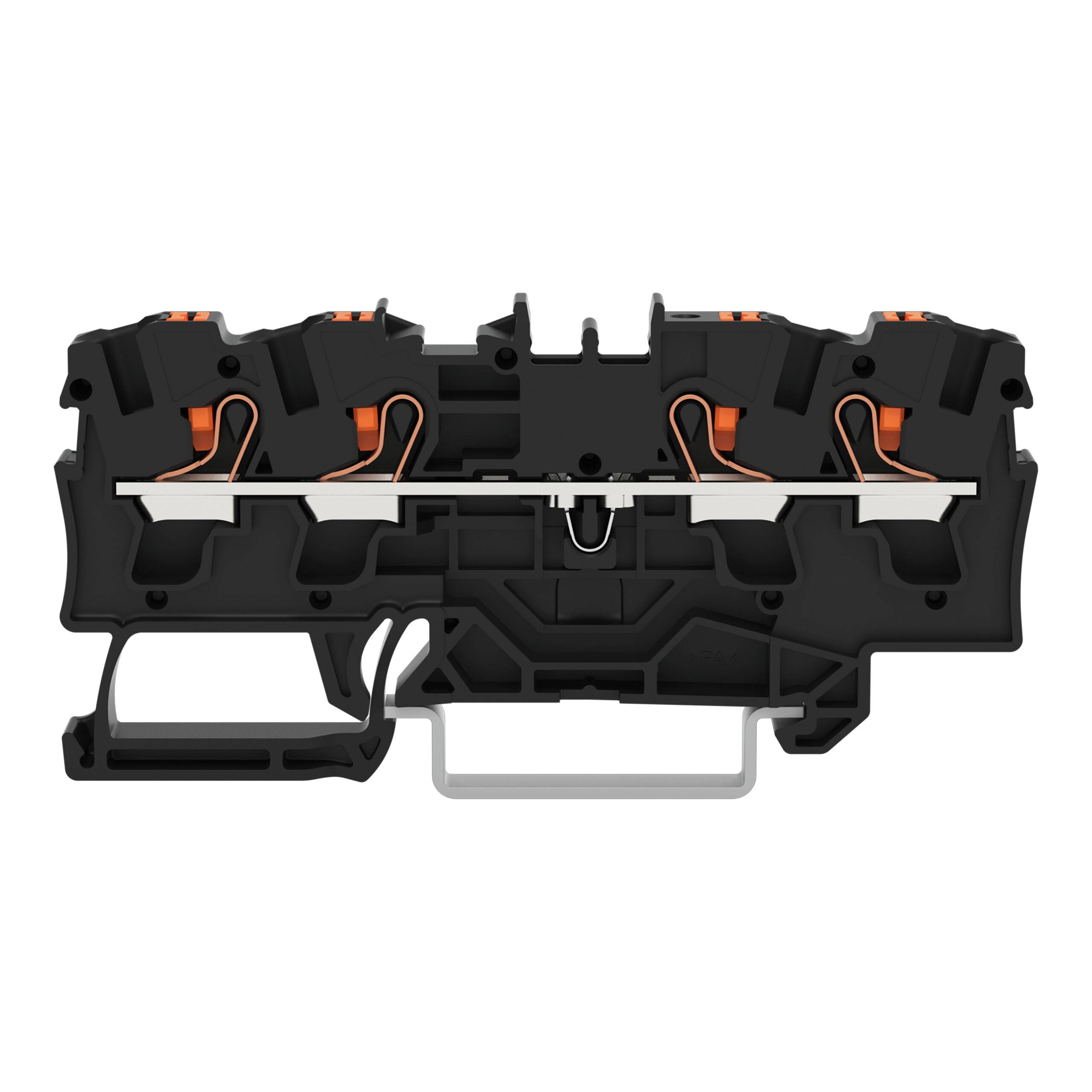 Ein schwarzes und orangefarbenes Elektroanschlussblock mit zwei Anschlüssen, ausgestattet mit Federklemmen zum Einführen von Drähten, vor einem weißen Hintergrund.