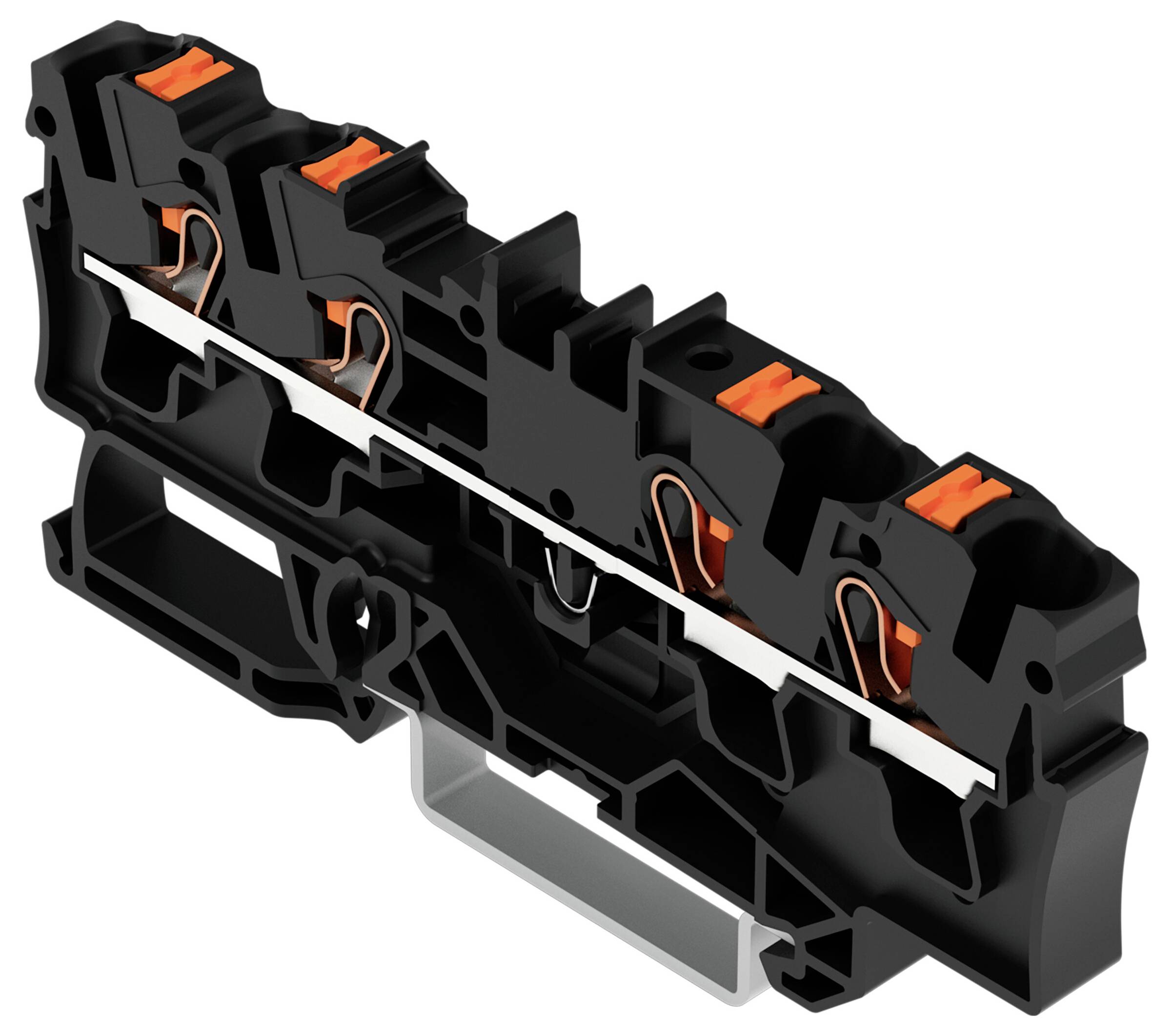 Ein schwarzer und orangefarbener elektrischer Stecker mit mehreren Anschlüssen, entworfen für modulare Verdrahtungssysteme.