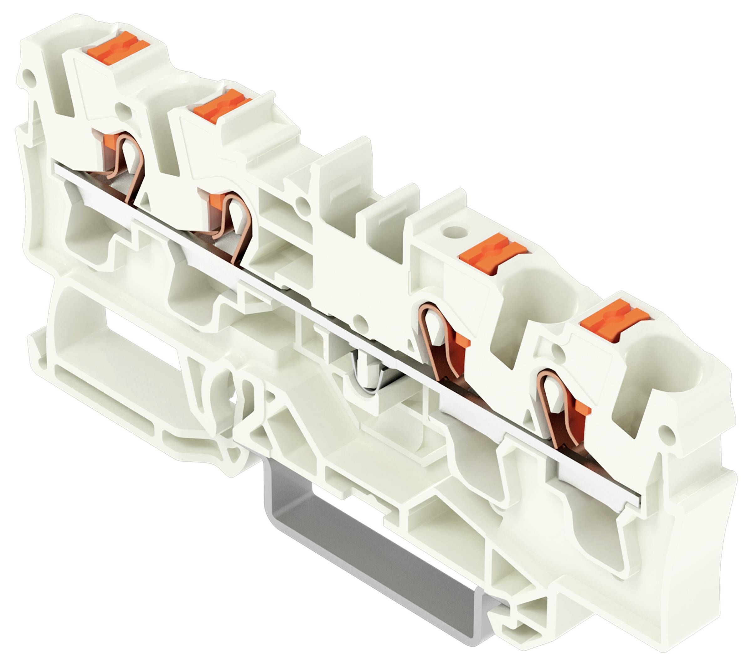 Weißer Klemmblock mit orangefarbenen Hebeln, entwickelt für sichere Elektroverbindungen, mit mehreren Anschlüssen und einer Montagebasis.
