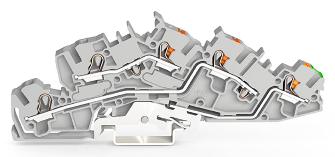 Querschnitt eines modularen Klemmleistensystems mit internen Verdrahtungswegen und Verbindungspunkten, das für effiziente elektrische Verbindungen entwickelt wurde.