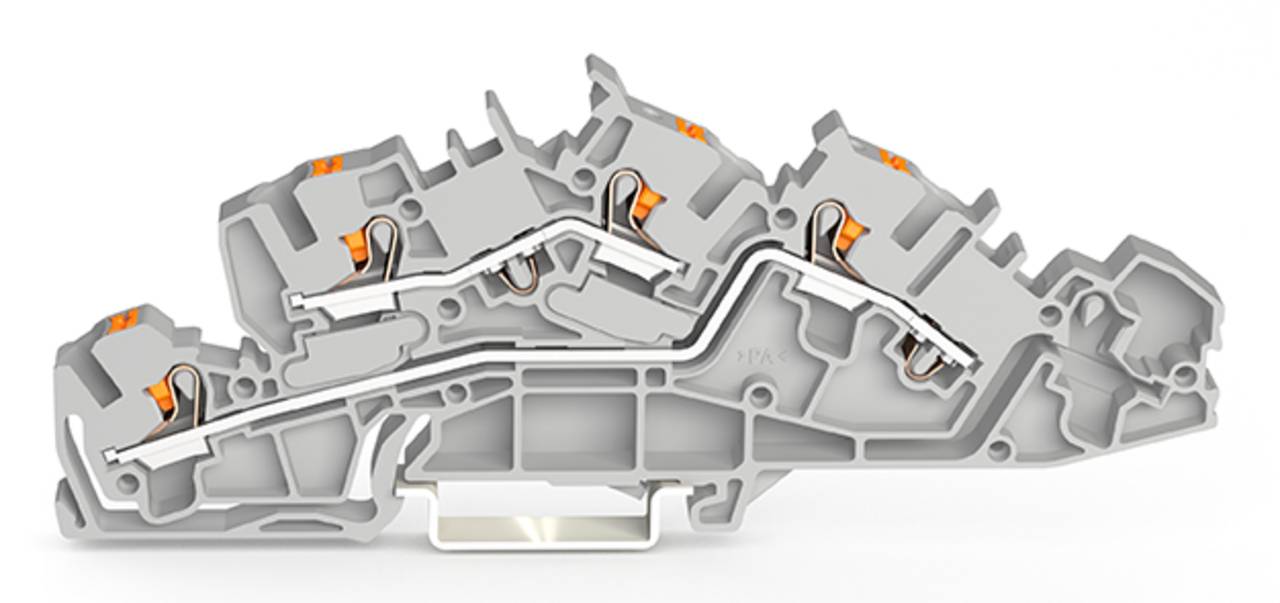 Ein graues mehrstufiges Klemmblock mit orangen Hebeln und metallischer Basis, das Verbindungen für elektrische Verdrahtungsanwendungen zeigt.