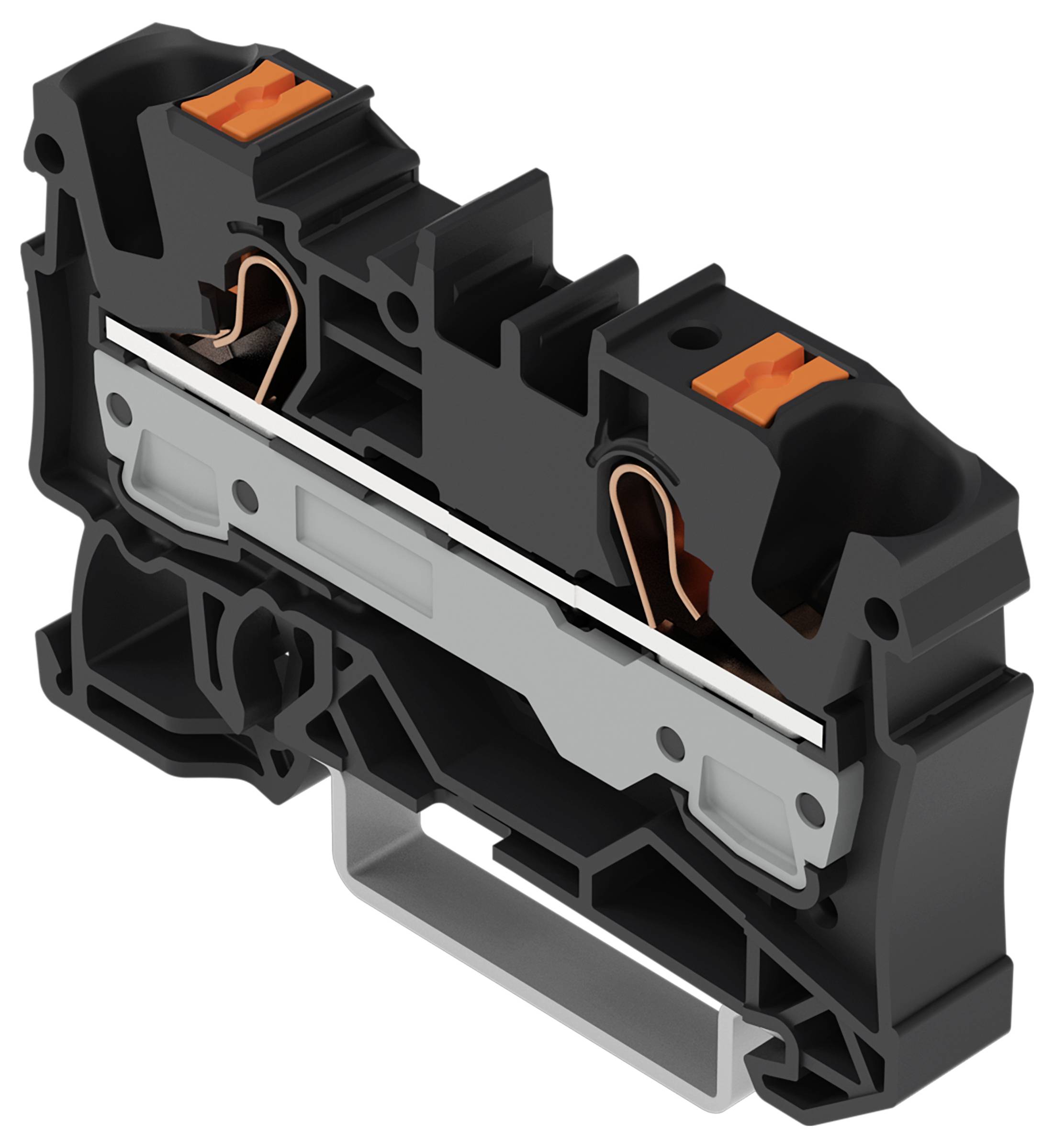 Ein schwarzes und orangefarbenes Elektroklemmenblock mit inneren Kupferkontakten, das zur sicheren Verbindung von Stromkreisen in Geräten verwendet wird.