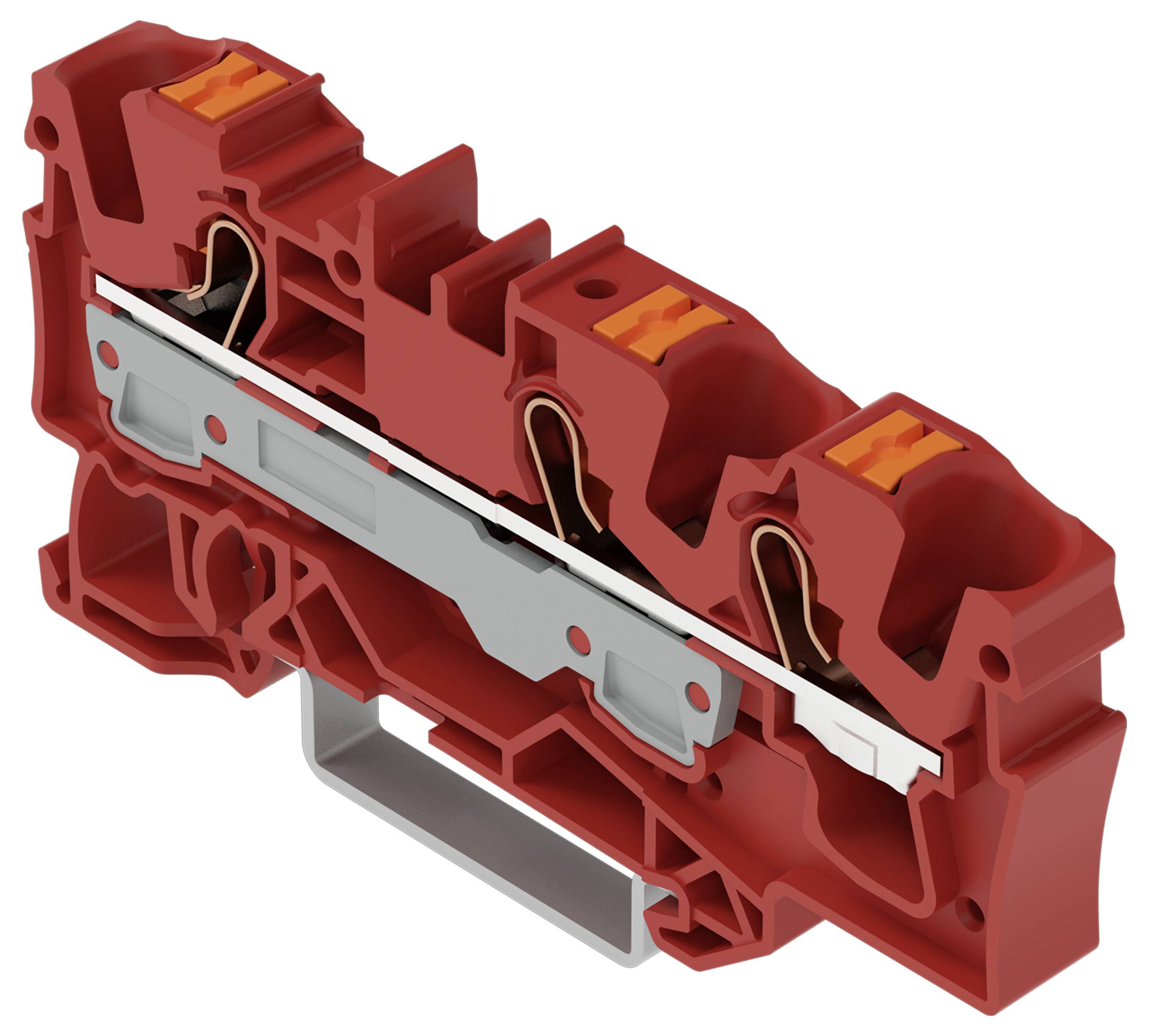 Ein rotes zweistufiges Terminalblock mit leitfähigen Kupferpfaden und orangefarbenen Steckverbindern, entwickelt für sichere elektrische Verbindungen in industriellen Anwendungen.