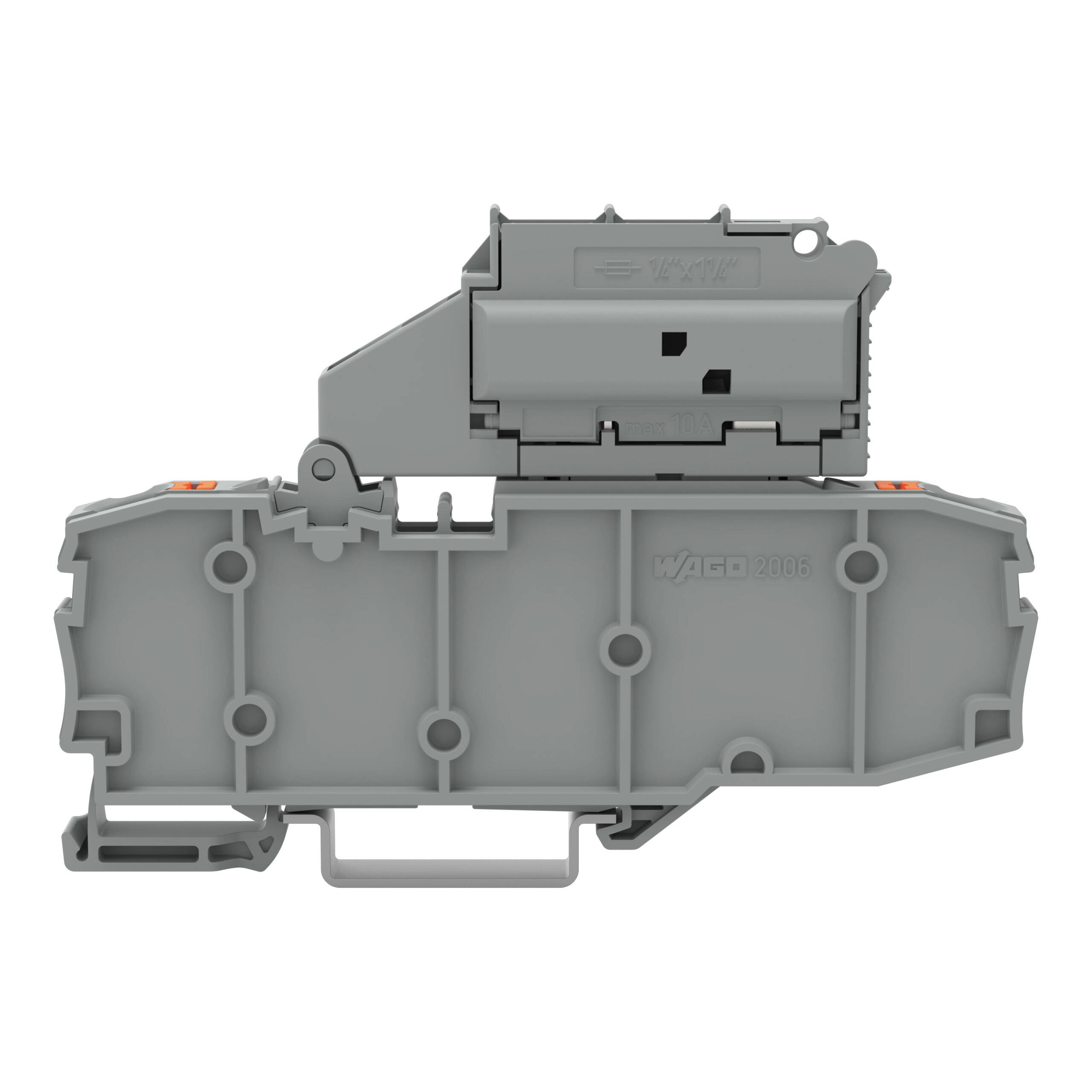 Ein graues modulares Klemmleistengerät mit Befestigungsmechanismus, bezeichnet als WAGO 2006, konzipiert für elektrische Verbindungen und Verkabelungsführung.