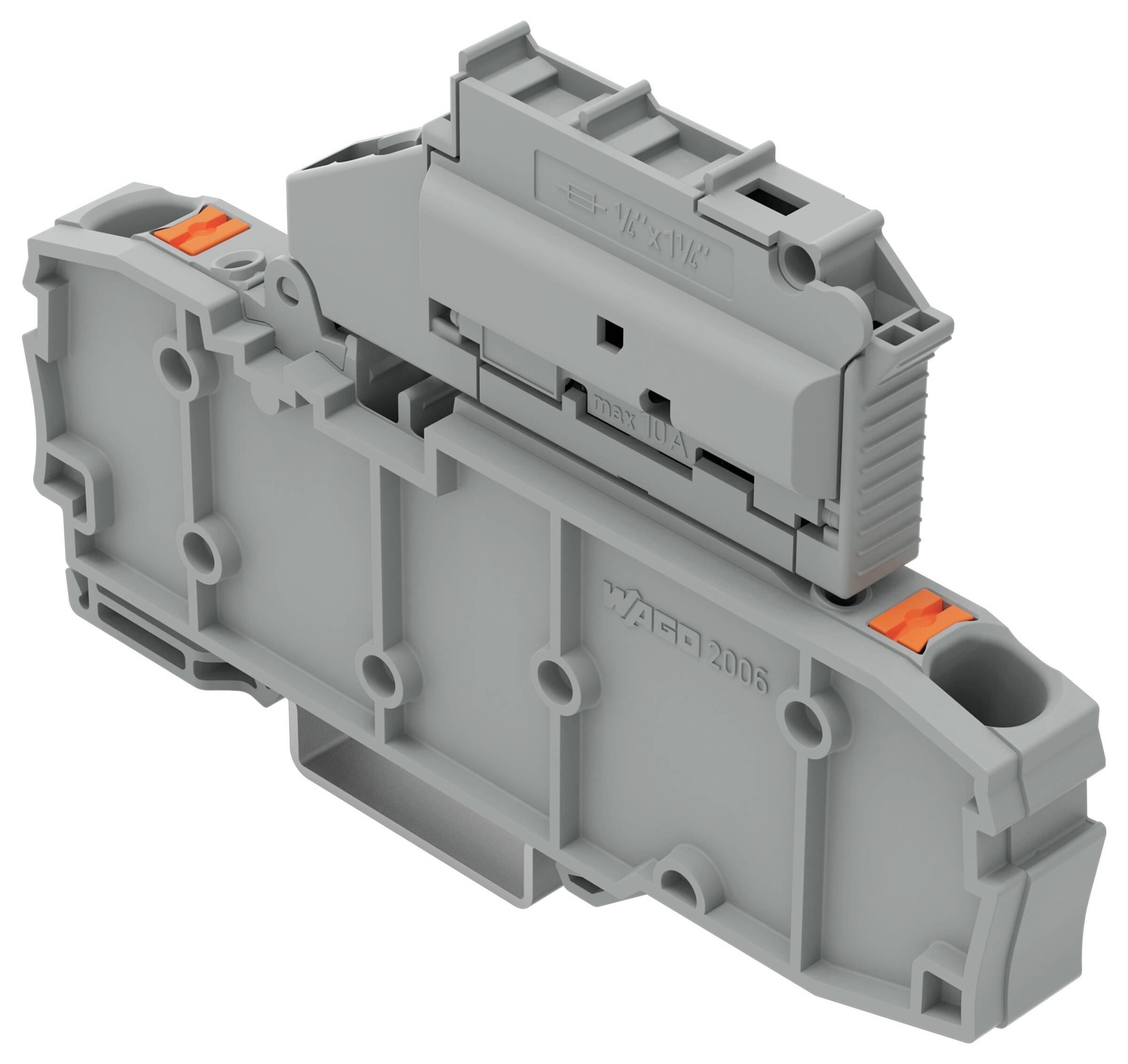 Ein grau-orangefarbiger elektrischer Anschlussblock mit drei Anschlüssen, der zum Befestigen und Verbinden von elektrischen Drähten verwendet wird.