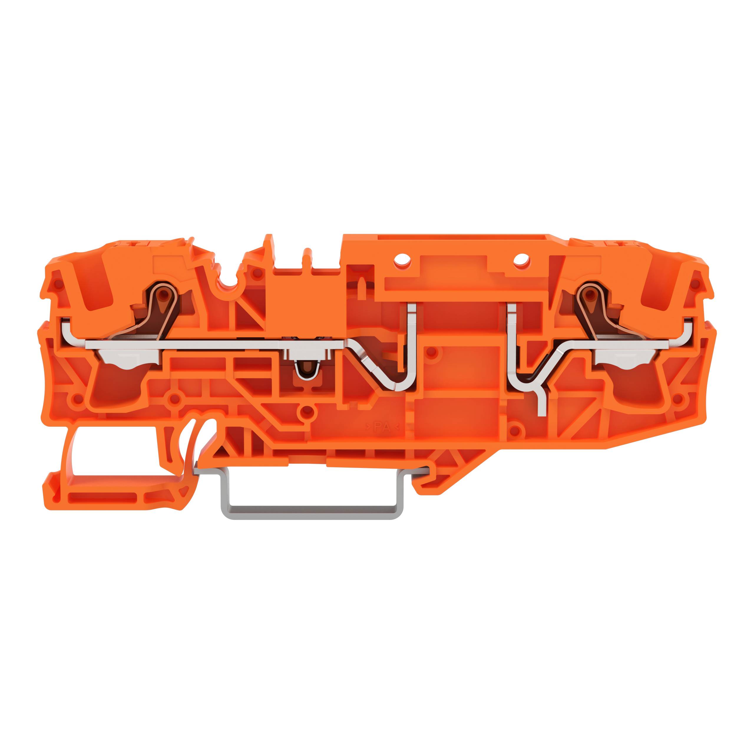 Ein orangefarbener Klemmblock mit mehreren Anschlusspunkten und internen Verdrahtungskanälen, die eine Querschnittsansicht zeigen.
