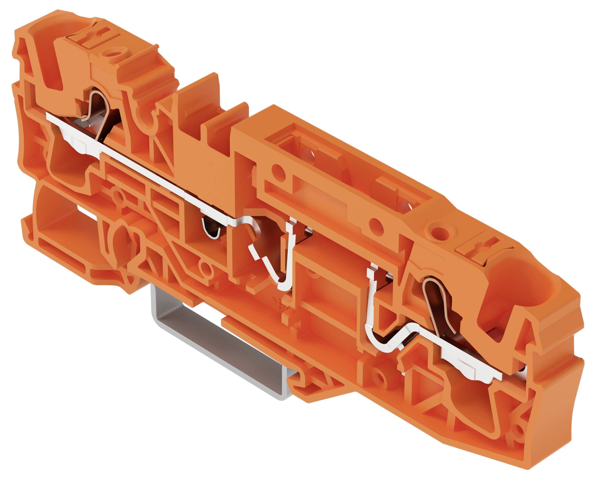 Eine Schnittansicht eines Klemmblocks, die interne Metallverbinder und Isolationsschichten zeigt und die Leitungspfade hervorhebt.