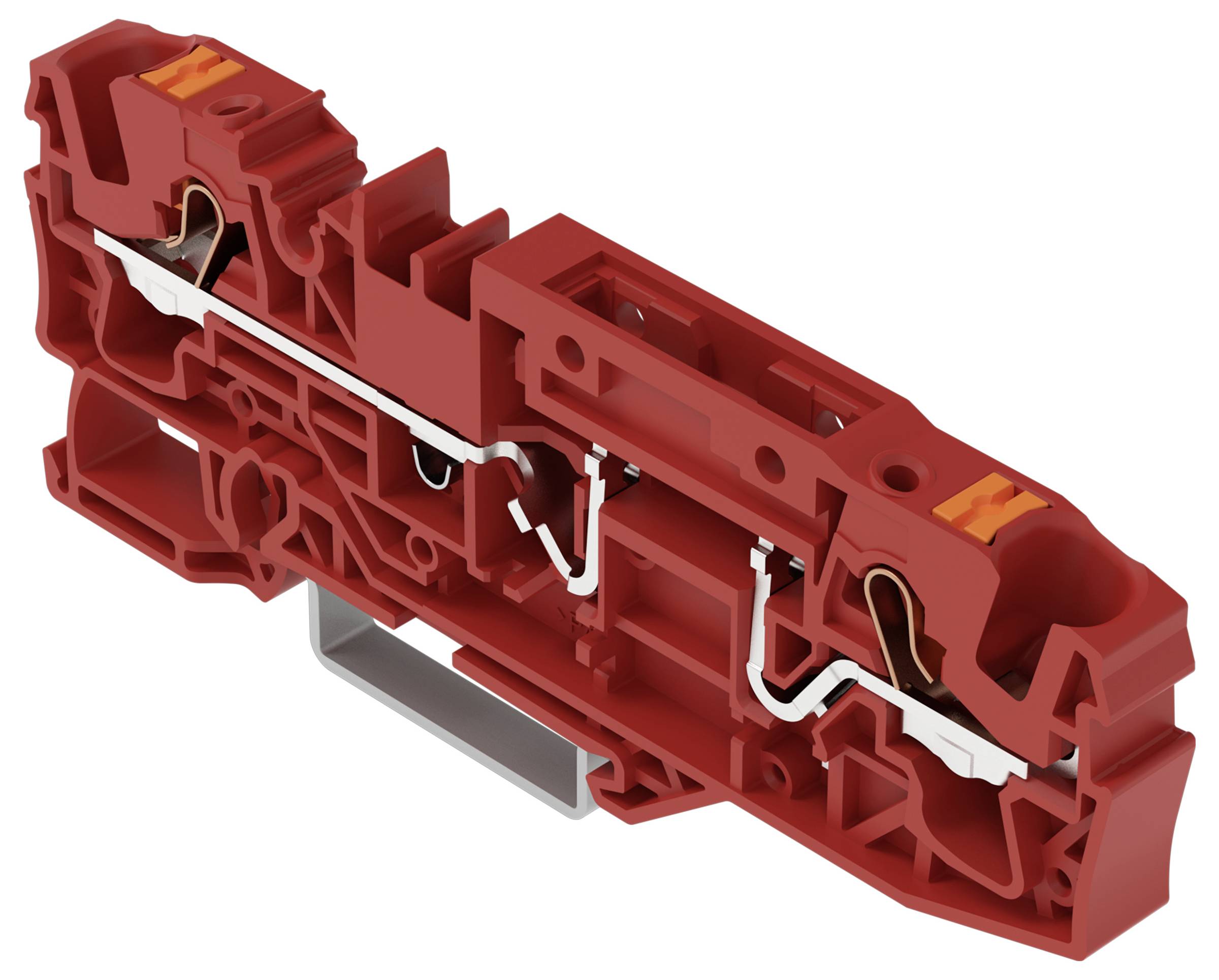 Eine rote, aufgeschnittene Ansicht einer mechanischen Vorrichtung mit sichtbaren internen Komponenten und Metalldrähten, wahrscheinlich eine Klemmleiste für elektrische Verbindungen.