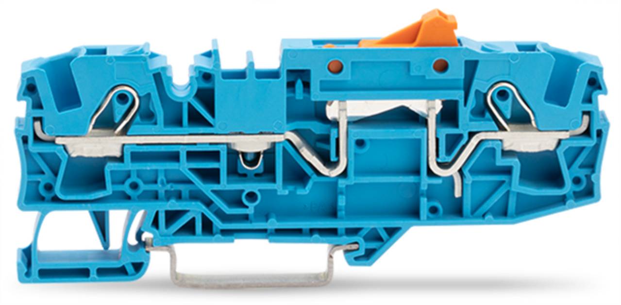 Ein blauer Elektroterminalblock mit einer orangefarbenen Verriegelung wird gezeigt. Er verfügt über interne Metallverbinder und wird zum Sichern und Organisieren von Verdrahtung verwendet.