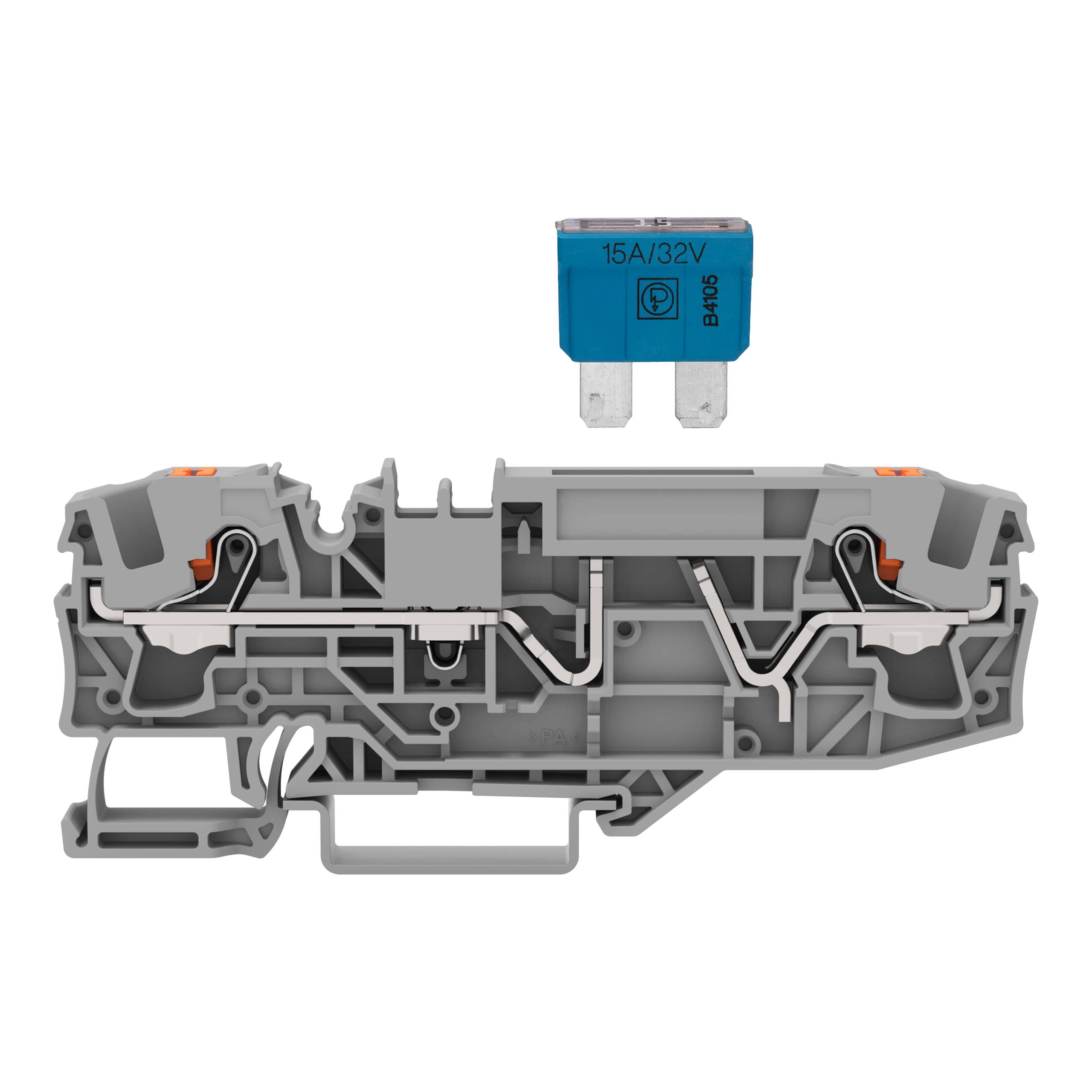 Eine graue Schnittansicht einer elektrischen Klemmenleiste unter einer blauen 15A/32V-Kfz-Sicherung, die Kompatibilität und Verbindungspotenzial veranschaulicht.