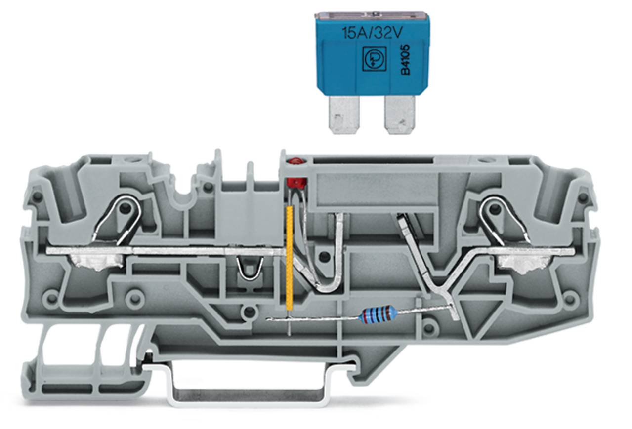 Ein Querschnitt eines elektrischen Sicherungshalters mit einer blauen 15A/32V-Sicherung darüber. Interne Verbindungen und ein Widerstand sind im Inneren des Halters sichtbar.