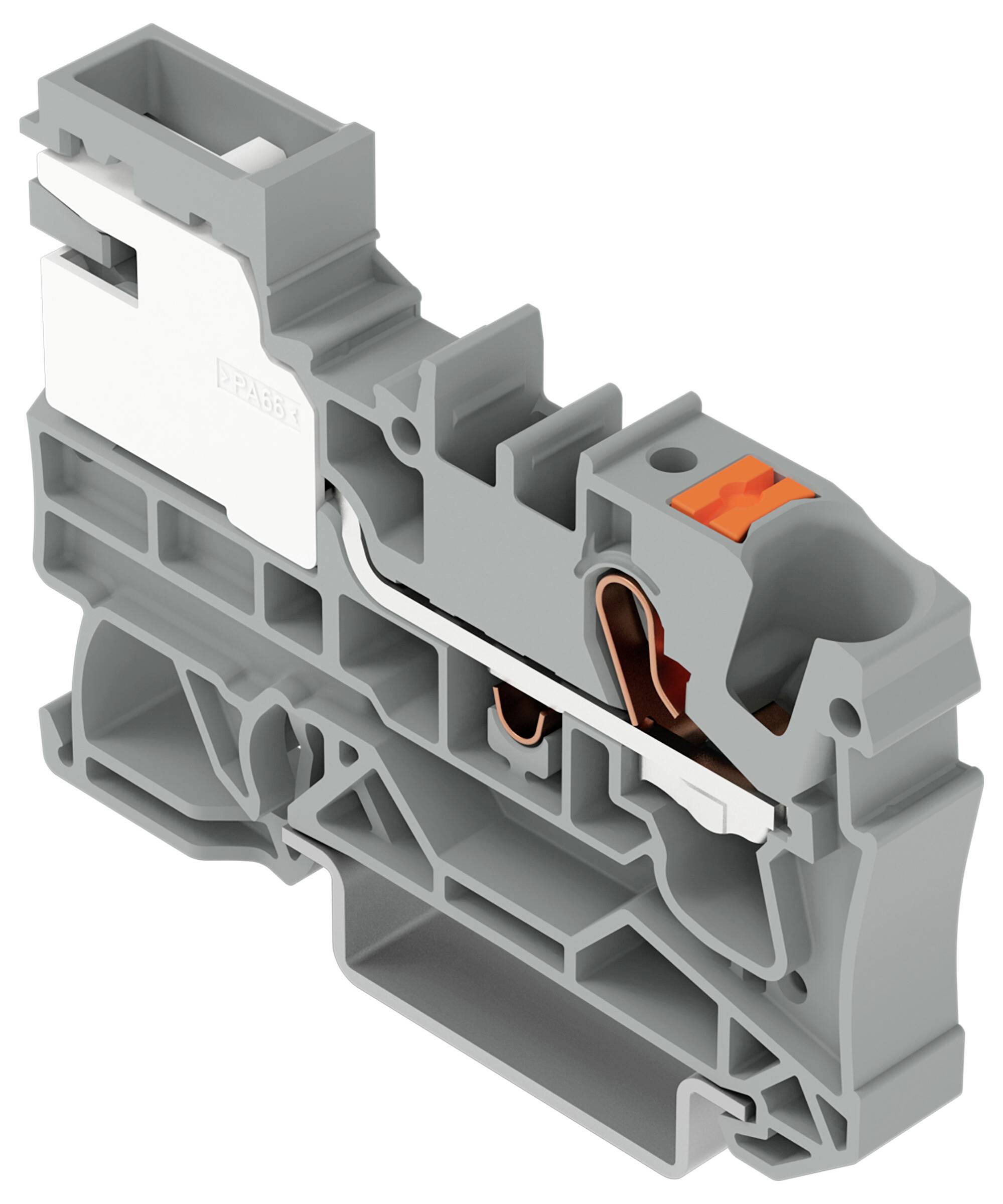 Ein grau-oranges modulares Elektrosteckverbindersystem mit mehreren Anschlüssen, konzipiert zur Verbindung von elektrischen Leitungen.