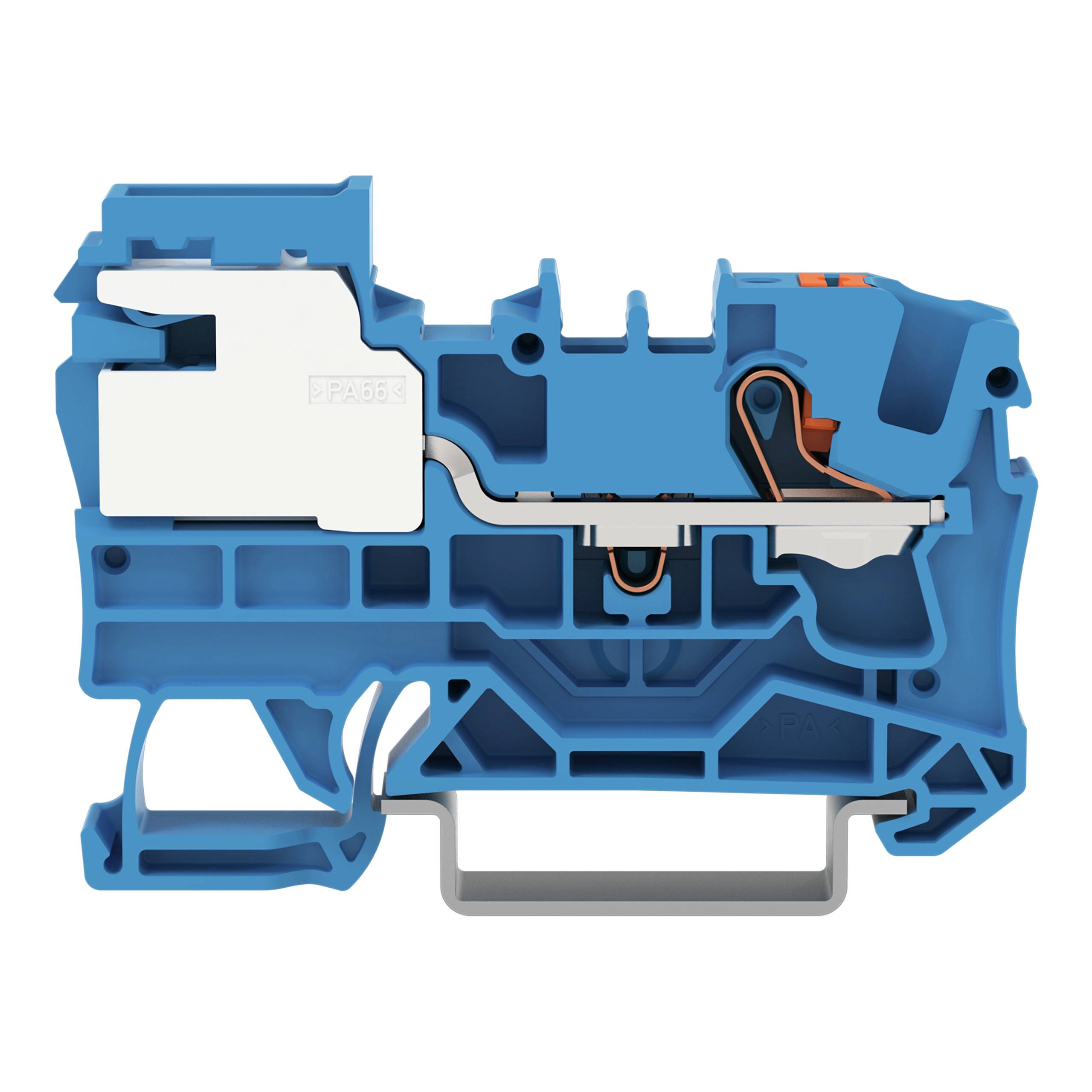 Querschnitt eines blauen Elektroklemmenblocks mit internen Verbindungen und Komponenten zur Drahtbefestigung und Stromverteilung.