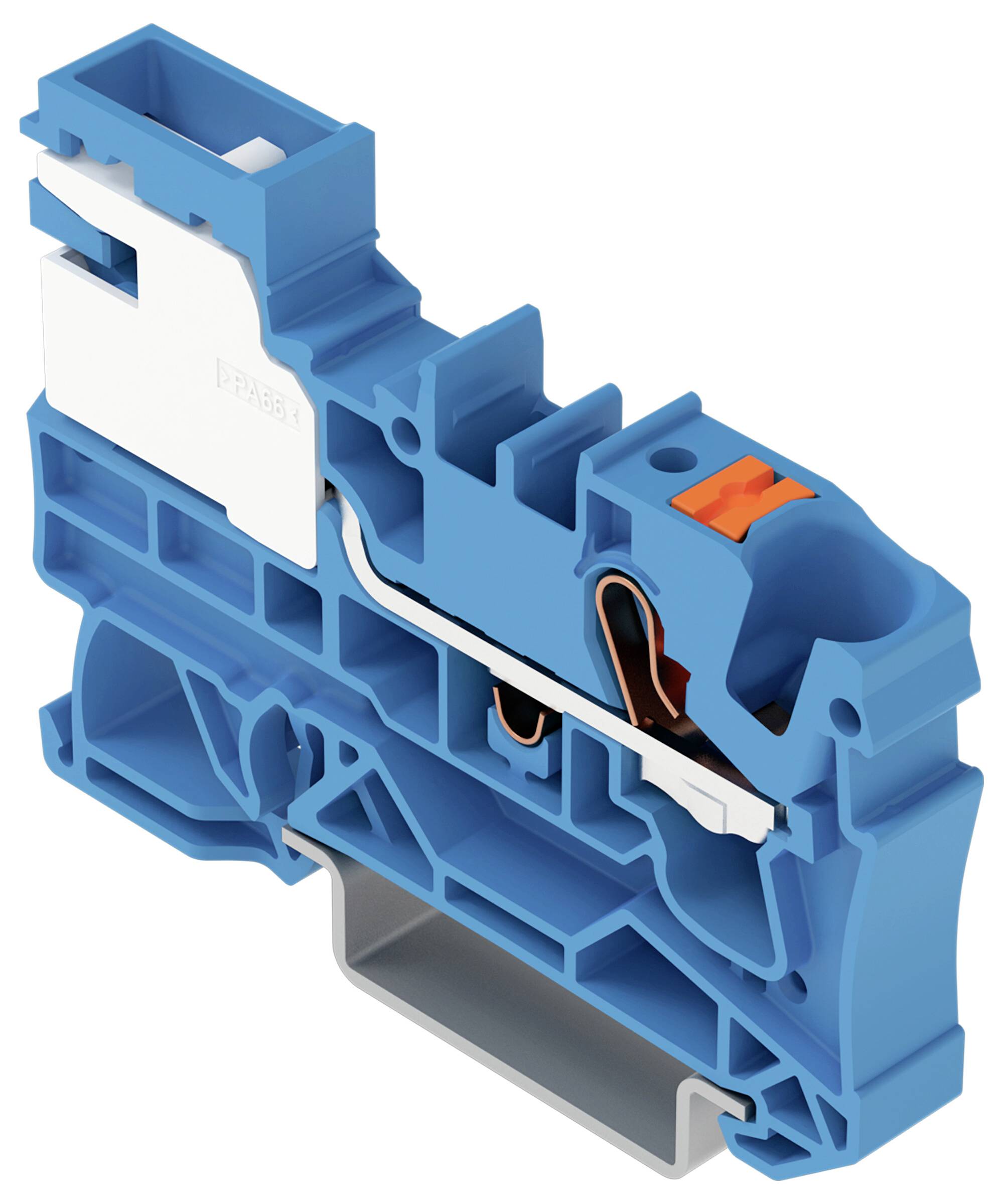 Blau-weißer Klemmblock für elektrische Verbindungen mit sichtbaren Metallkontakten und einem orangefarbenen Hebel zur sicheren Drahtbefestigung.