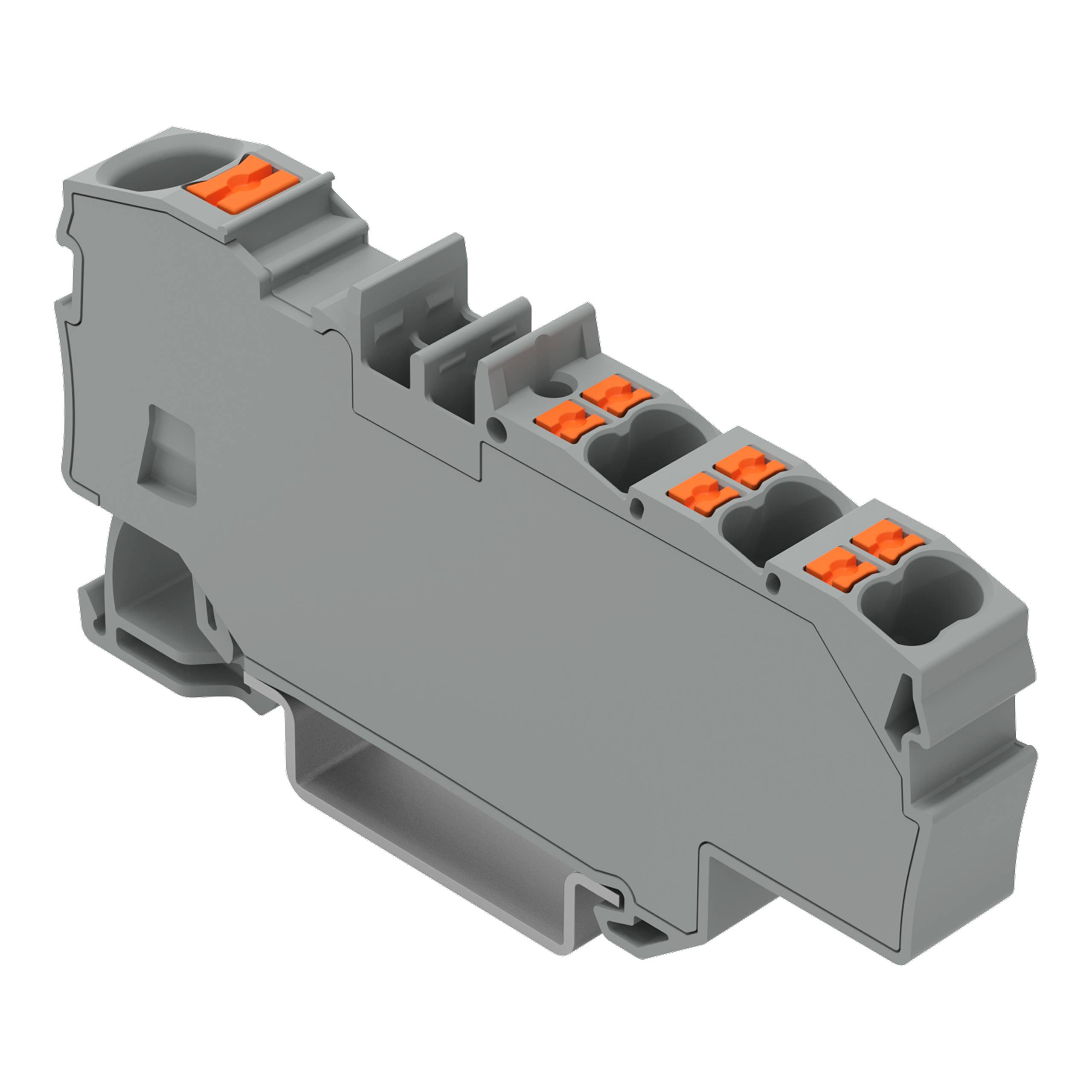Ein graues Elektroklemmleistenblock mit mehreren Anschlusspunkten und orangefarbenen Arretierungshebeln, die zum Sichern von Verdrahtung in Elektrosystemen verwendet werden.