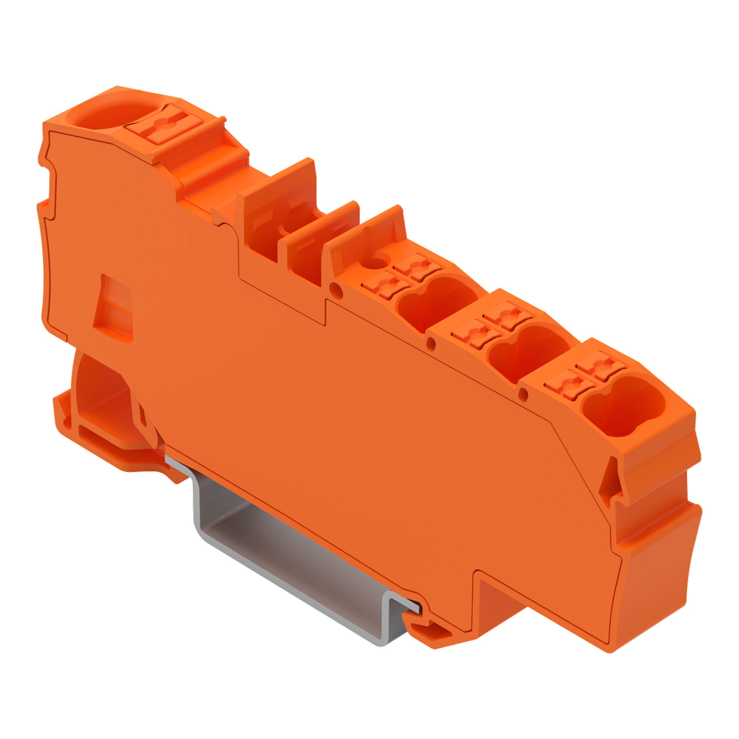 Ein orangefarbener Klemmblock für elektrische Verbindungen mit mehreren Anschlussöffnungen für die Verdrahtung.