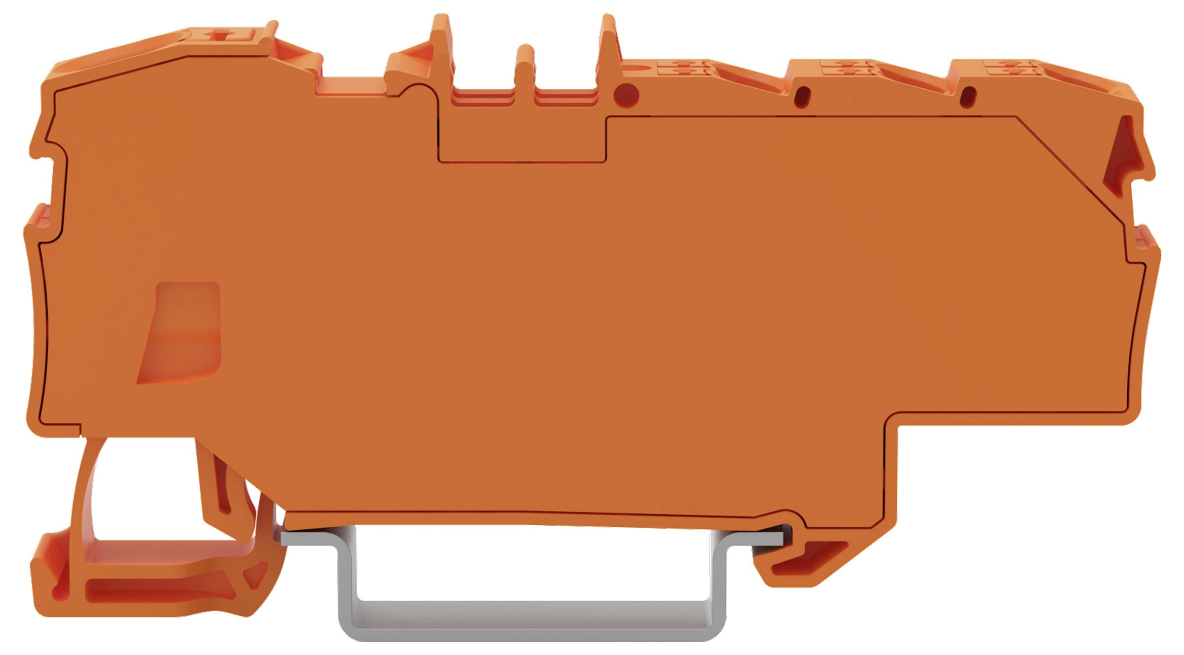 Oranger modularer Klemmblock mit grauer Befestigungsschiene, verwendet für Verdrahtungsverbindungen in elektrischen Systemen.