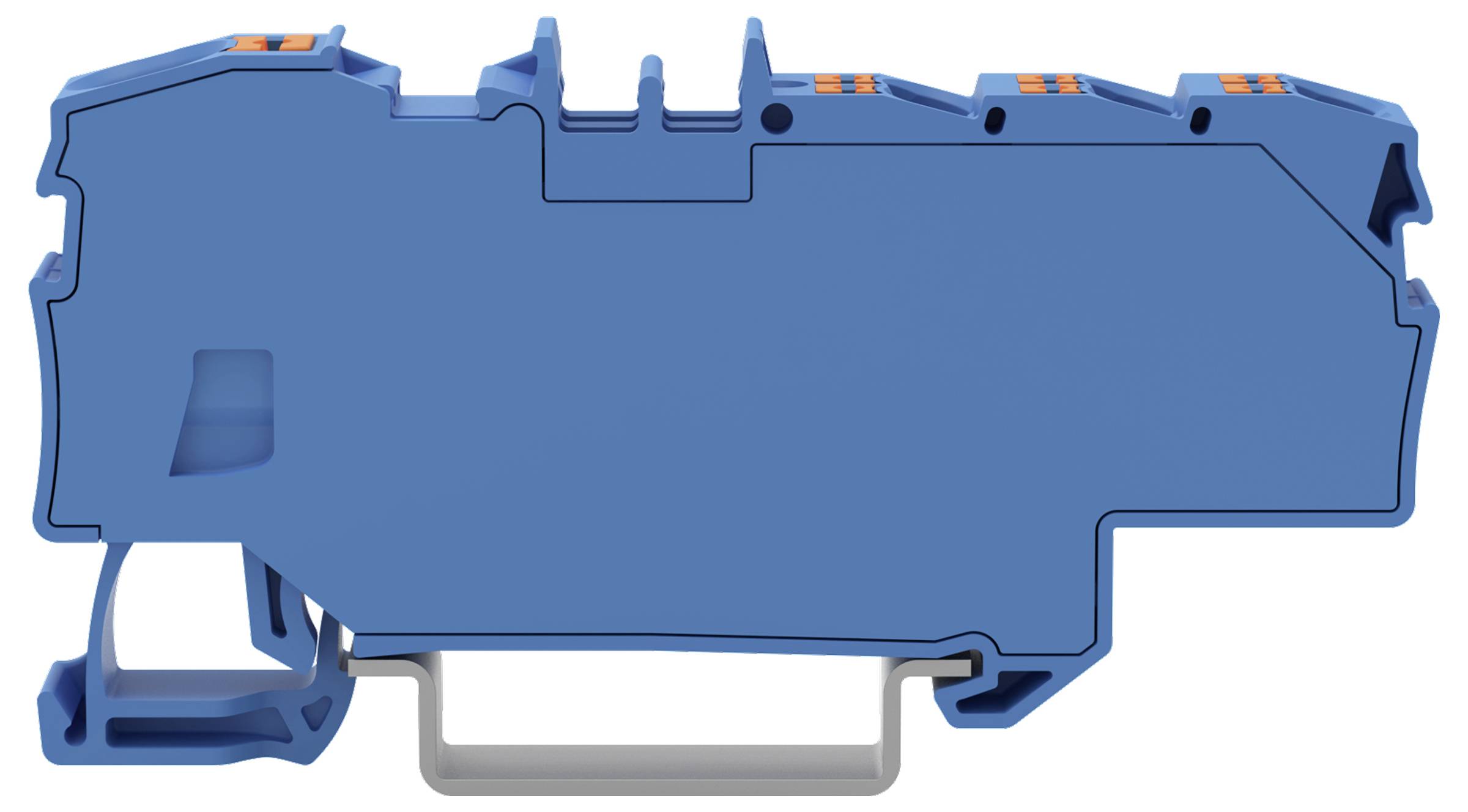 Blauähnlich angerichtete Industriekomponente mit einer Schienenhalterung, mehrere orange Stecker oben und eine Klammer unten.