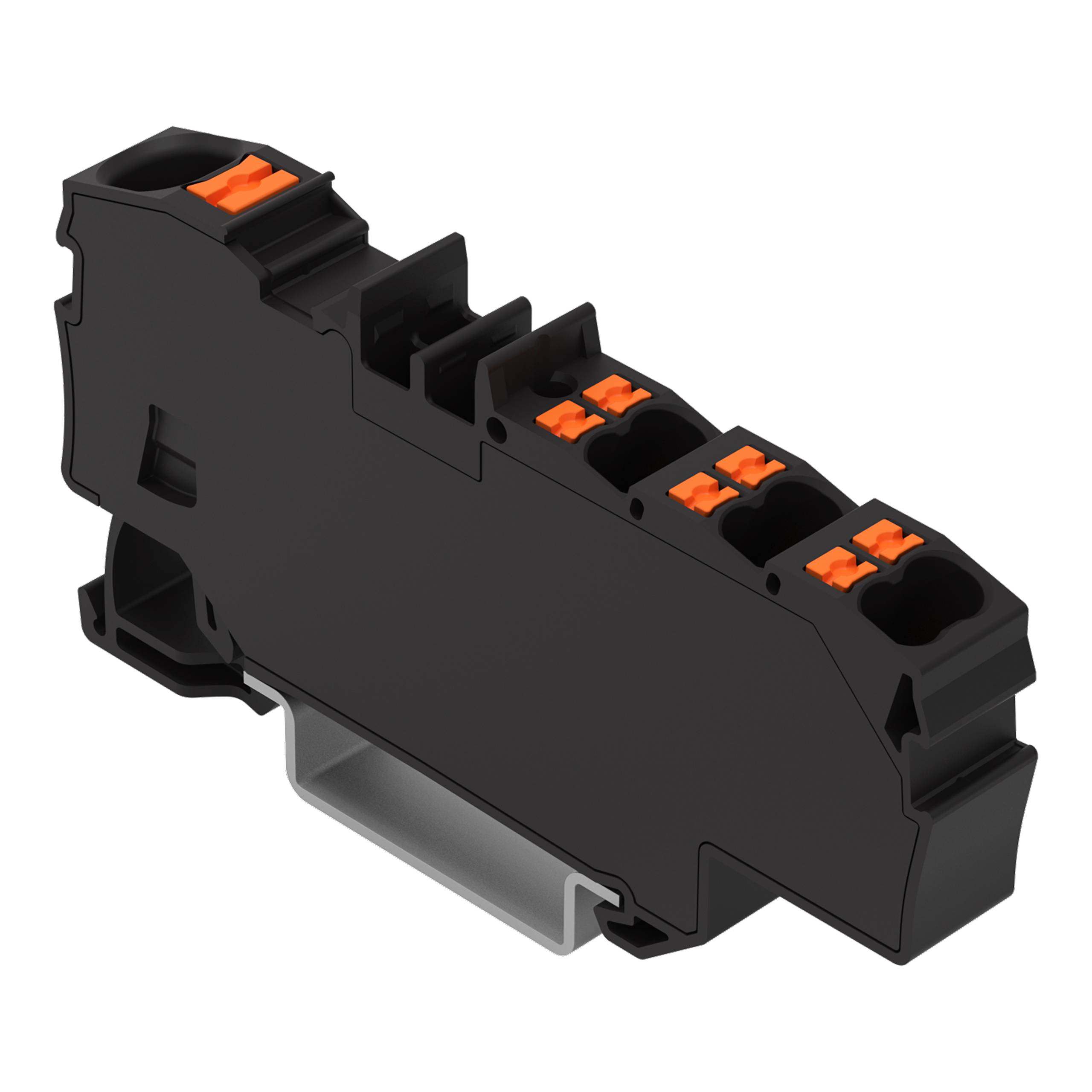 Ein schwarzes Electrical-Anschlussfeld mit mehreren orange Hebelschiebern, das zum Verbinden von Elektrokabeln in industriellen Anwendungen verwendet wird.
