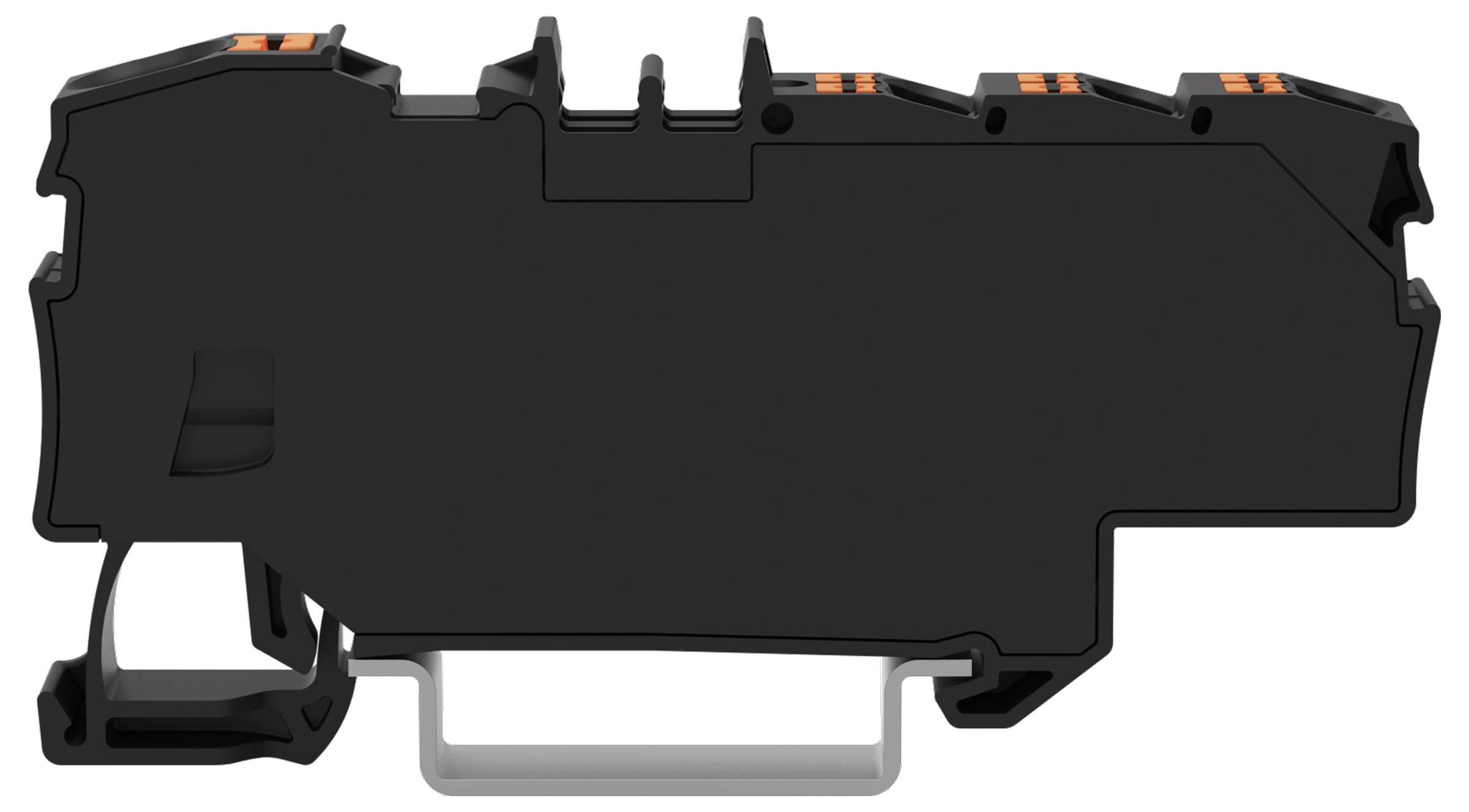 Ein schwarzes, rechteckiges Industriegerät mit orangefarbenen Details oben, mit einer robusten Metallbasis, das zur Montage auf einem Schienensystem ausgelegt ist.