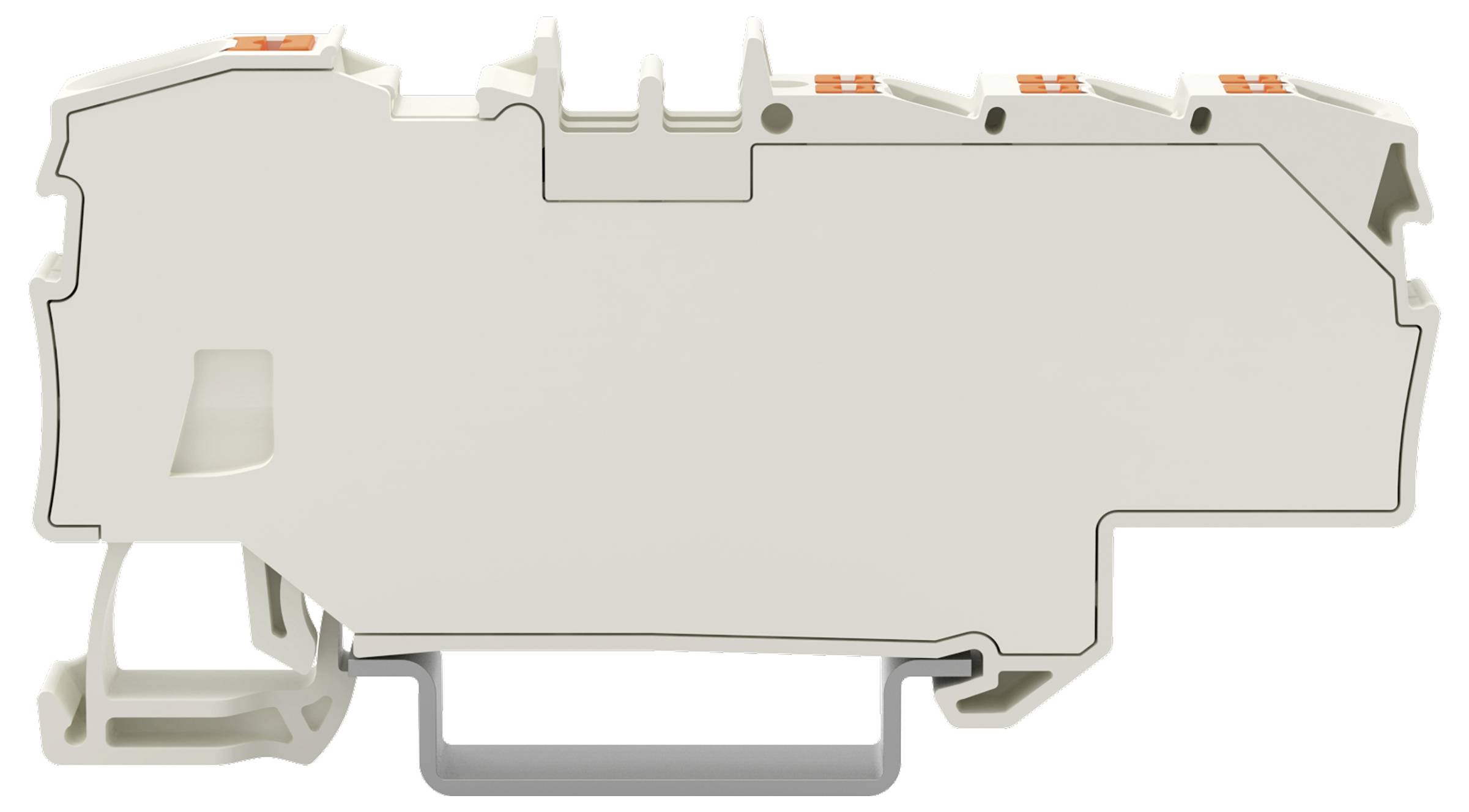 Ein graues Elektroterminal mit orangefarbenen Hebeln, auf einer DIN-Schiene montiert.