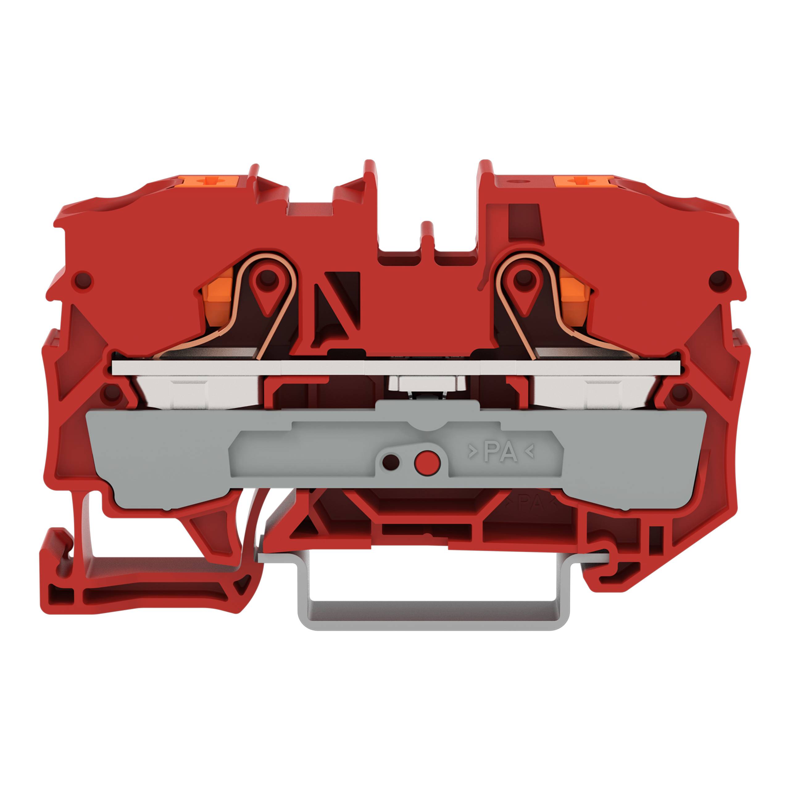 Querschnitt eines rot isolierten elektrischen Anschlussblocks mit Darstellung der internen Komponenten und Verbindungen für die Drahtverlegung.