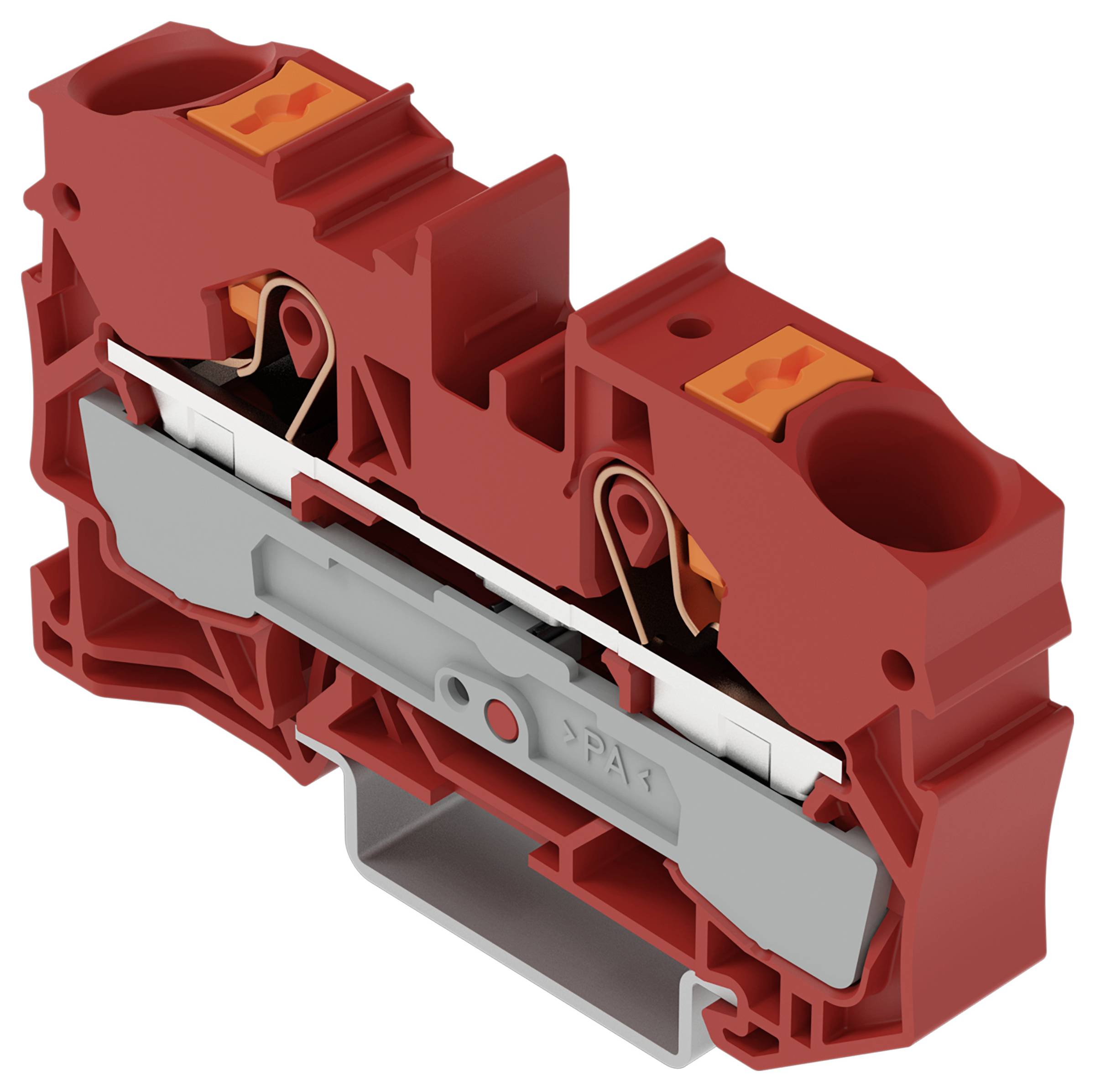 Rotes und graues Elektroklemmenblock mit zwei Anschllusspunkten, ausgestattet mit Federklemmen-Verbindungstechnik und Druckknopf-Schnellentlastungsvorrichtung zum schnellen Verdrahten.