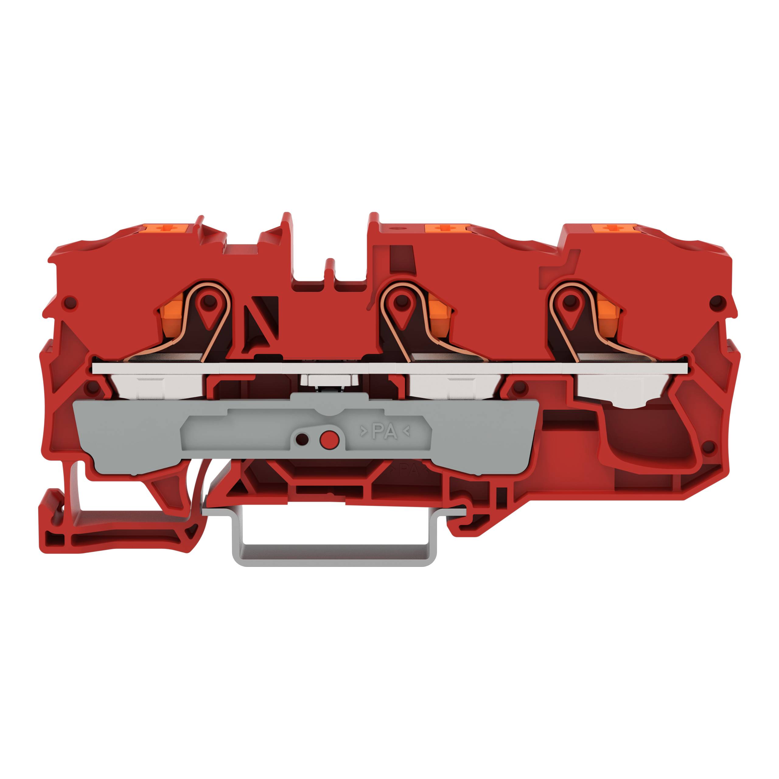 Ein rotes Elektroklemmenblock mit sichtbaren Anschlusspunkten und Metallverbindern, entwickelt zum sicheren Verbinden von elektrischen Stromkreisen.
