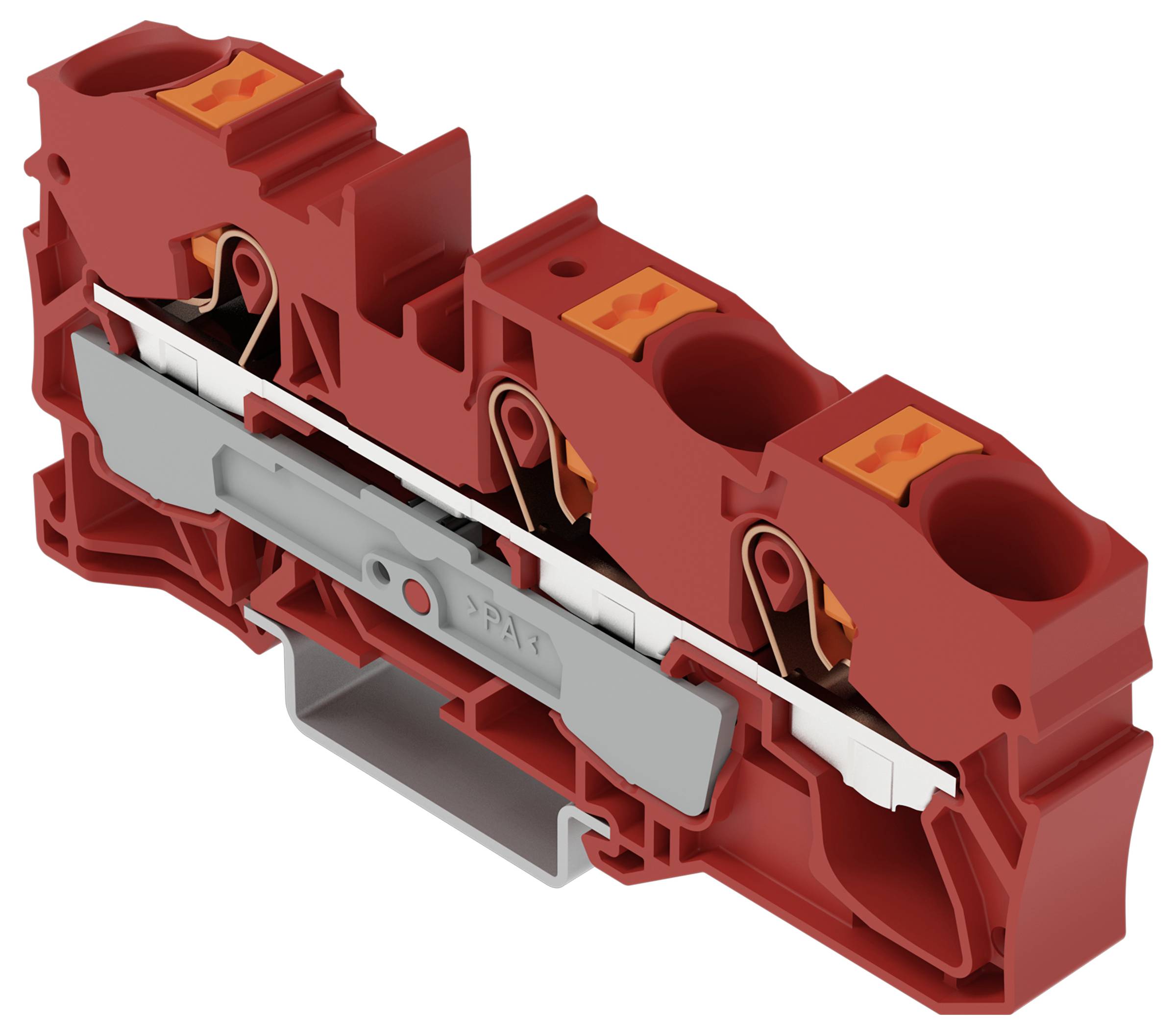 Ein roter Elektrosteckverbinder mit drei Anschlüssen, ausgestattet mit orangefarbenen Klammern und einem Metallhebel mit der Beschriftung 