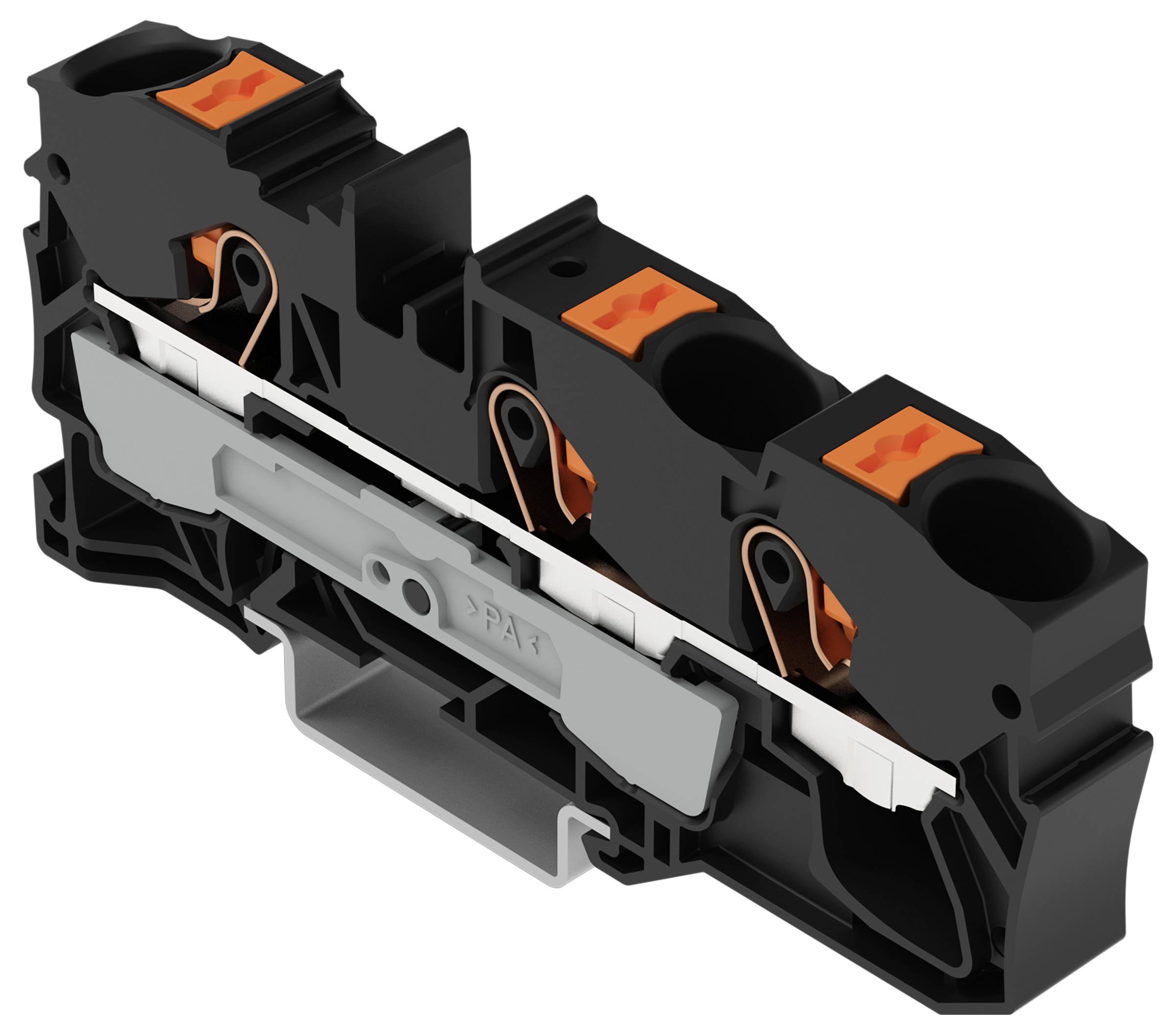 Ein schwarz-oranges Elektroklemmen-Terminal-Block mit zwei Anschluss-punkten und einer grauen Montagebasis, entwickelt für sichere Verdrahtungsverbindungen.