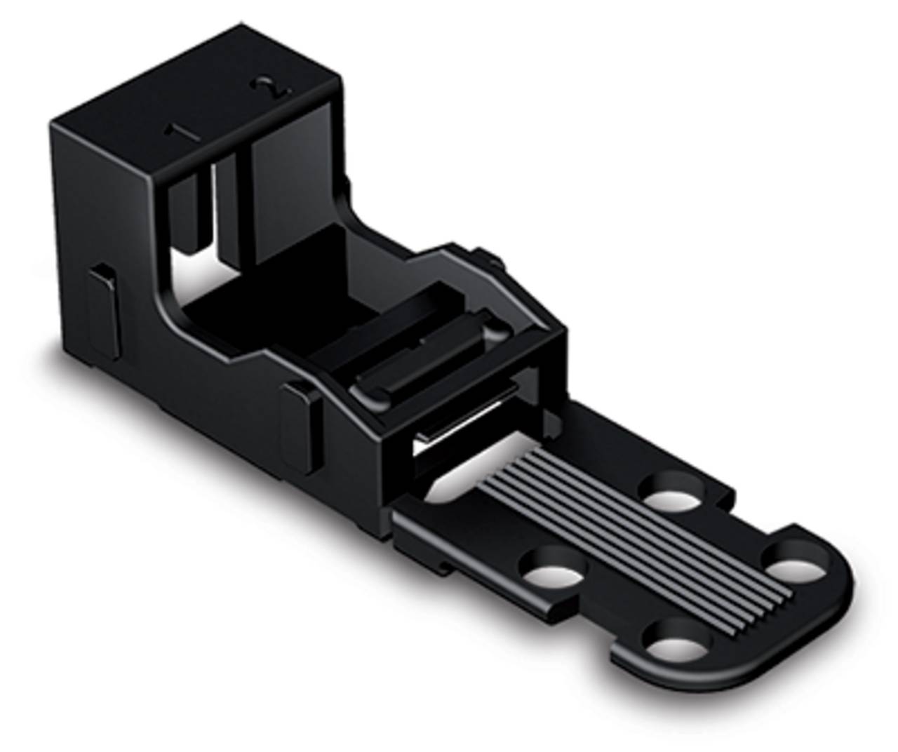 Ein schwarzer Kunststoff-Elektronikstecker mit komplexer Form, mit mehreren Löchern und Nuten, von oben in einem Winkel betrachtet.