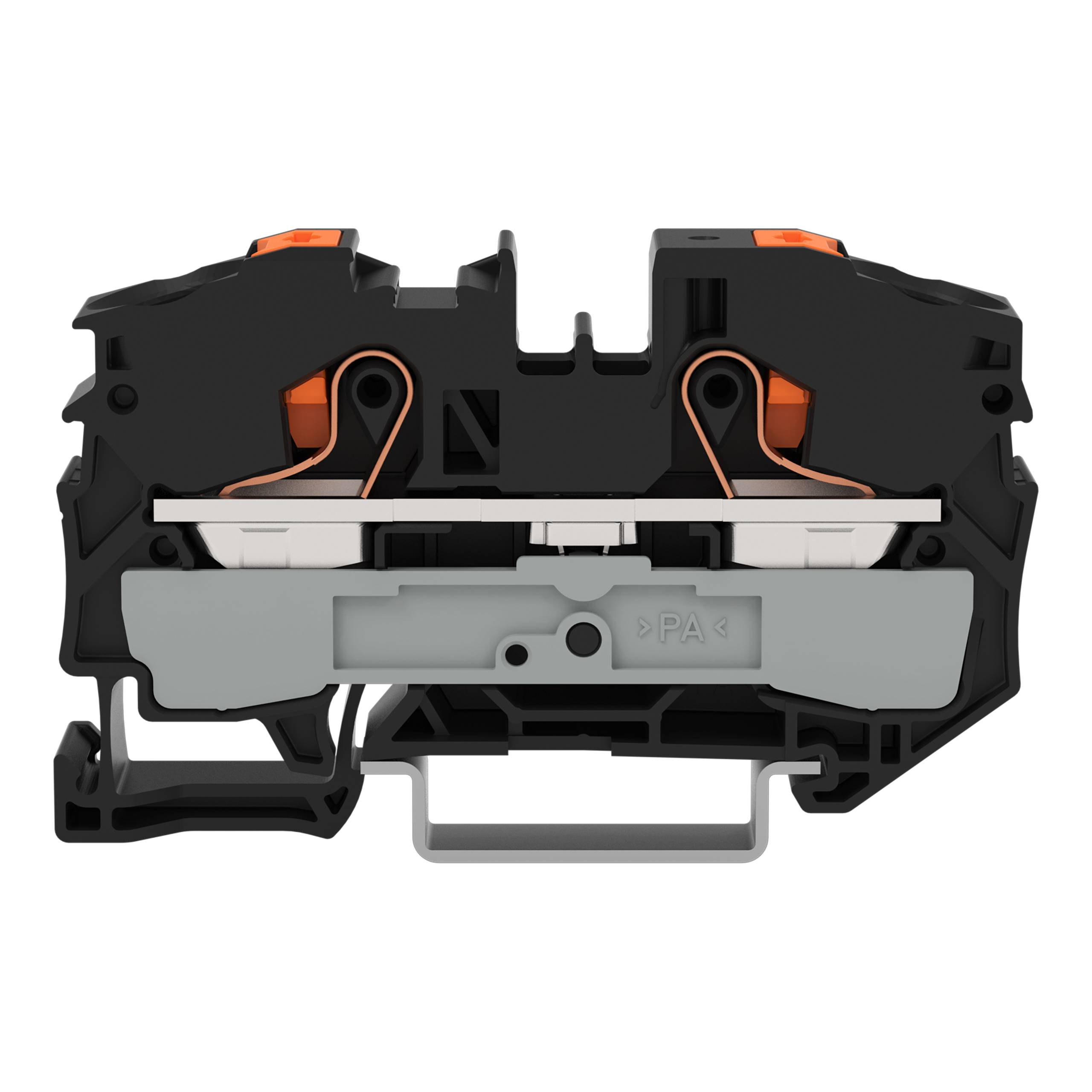 Ein schwarzes und graues Electrical-Klemmleistenblock mit orangefarbenen Komponenten, der zur sicheren und festen Verbindung von Elektrokabeln verwendet wird.