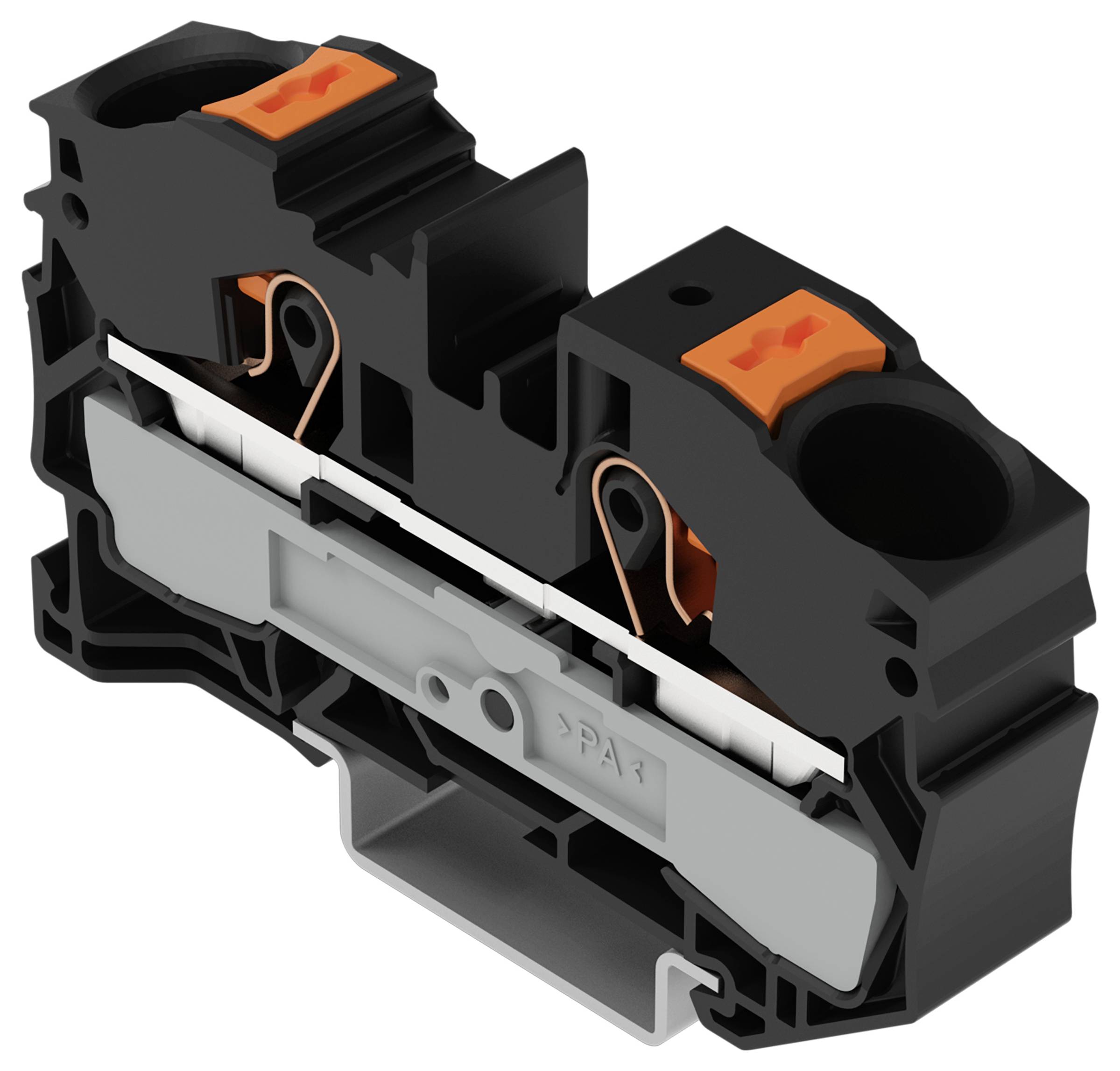 Ein schwarzes und graues Klemmleistenmodul mit orangefarbenen Hebelbetätigungen, das für elektrische Verbindungen verwendet wird und mehrere Anschllusspunkte aufweist.
