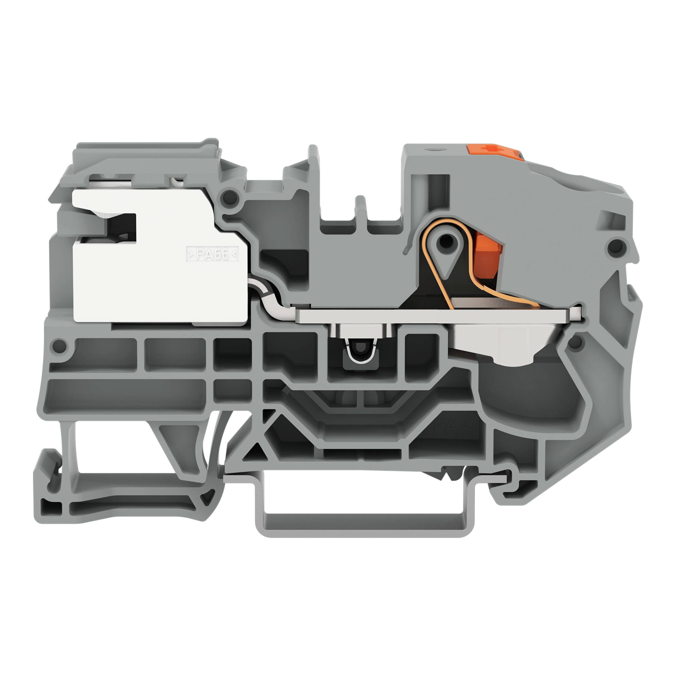 Ein detaillierter Querschnitt eines grauen elektrischen Klemmleistenblocks mit Hervorhebung interner Komponenten wie Metallverbinder und Isoliergehäusestruktur.