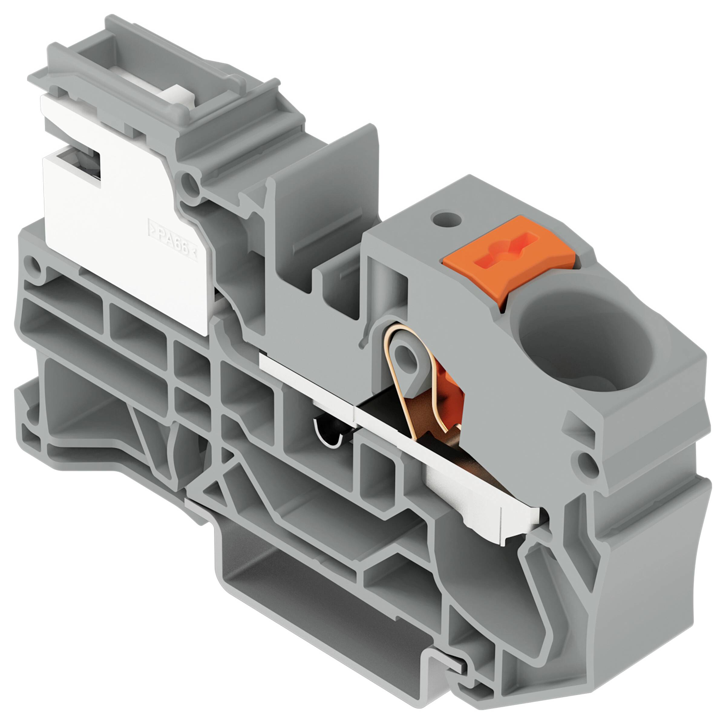 Ein grau und orange modularer elektrischer Anschlussblock mit einer Hebelbefestigung und Verdrahtungsanschlüssen oben und an den Seiten.