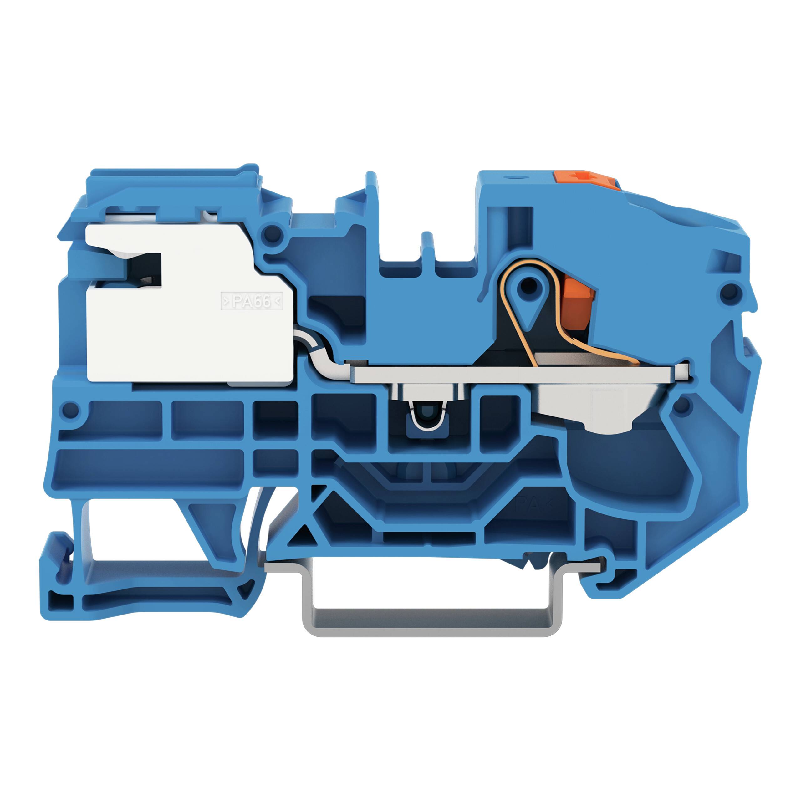 Querschnittsansicht eines blauen elektrischen Klemmblocks mit Ansicht der internen Komponenten und Verbindungen auf einer Hutschienenmontage.