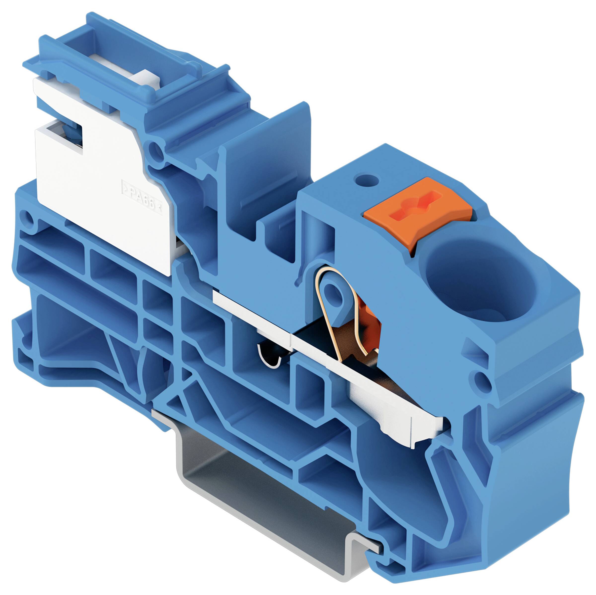 Ein blau-weißer Industrie-Elektroklemmenblock mit sichtbarem orangefarbenem Hebel, der zum Verbinden von Stromkreisen verwendet wird.