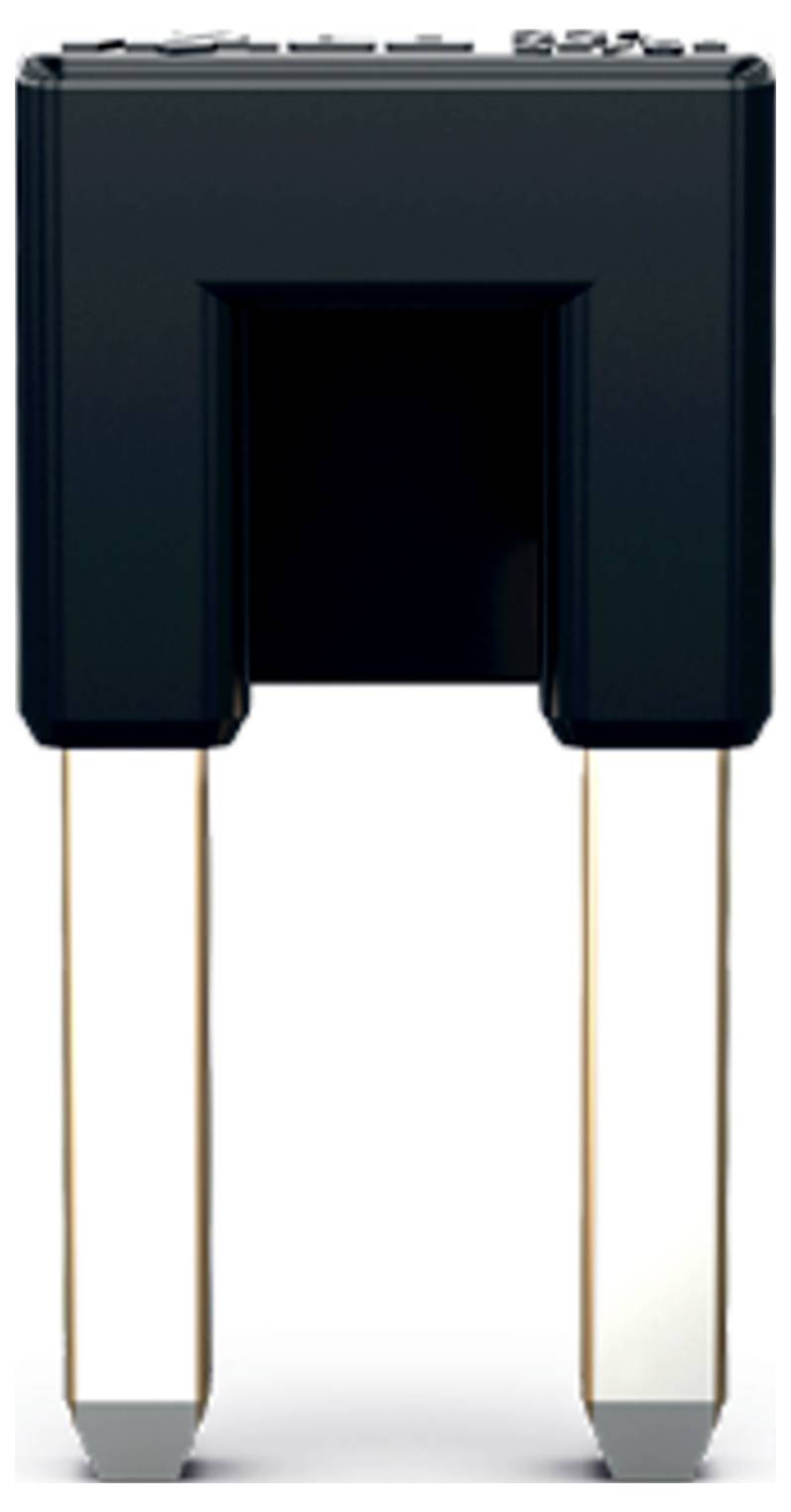 Eine schwarze elektronische Komponente mit zwei Metallstiften, wahrscheinlich ein Sensor oder Mikrochip, der für Elektronik oder Leiterplatten verwendet wird.