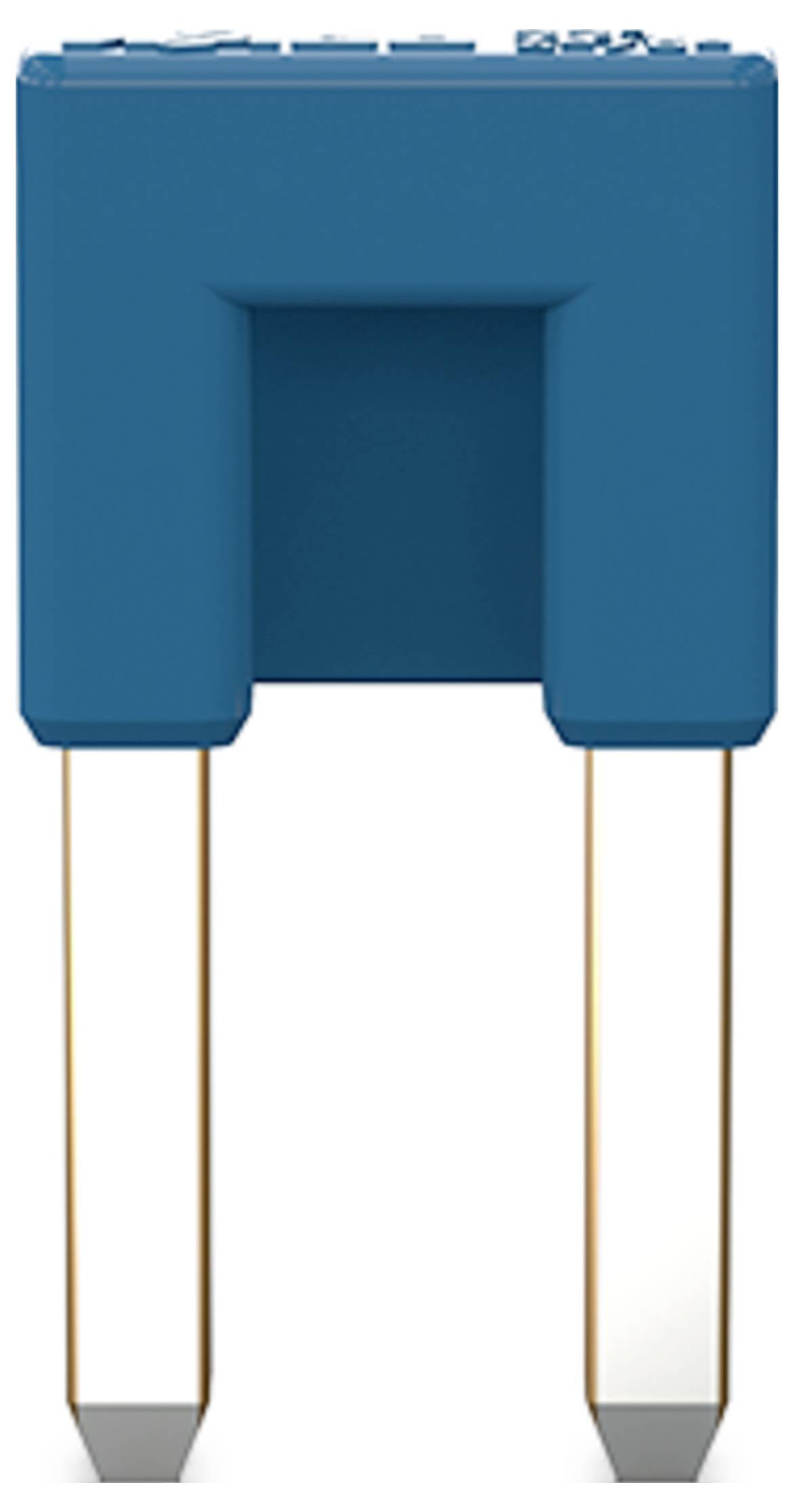 Ein zweizackiger blauer Mikrochip mit freiliegenden metallischen Anschlüssen, wahrscheinlich für den Einsatz in einer elektronischen Schaltung oder einem elektronischen Gerät konzipiert.