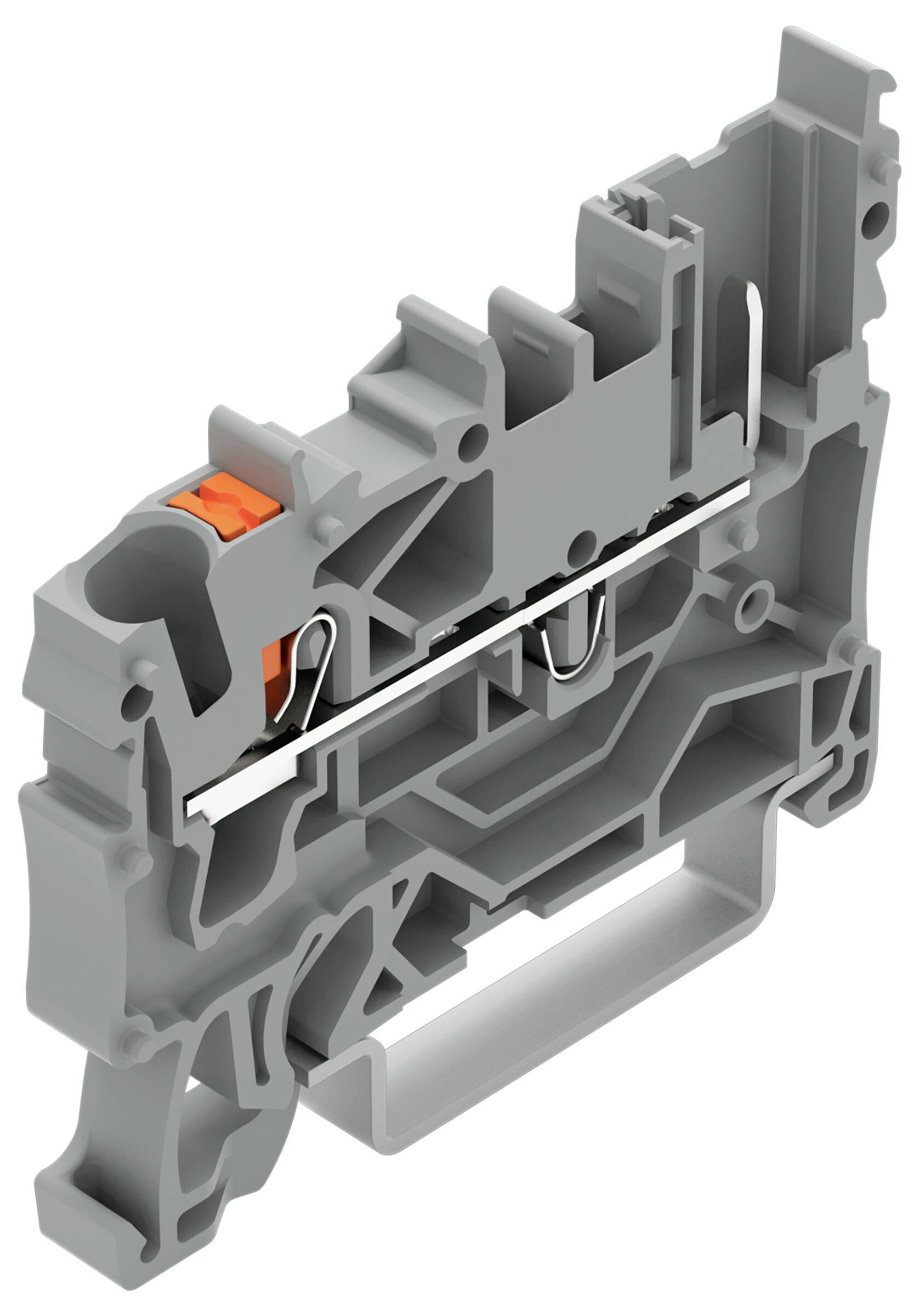 Grauer Kunststoff-Elektroklemmenblock mit einem Metallleiterstreifen und einem orangefarbenen Freigabeknopf, der zur sicheren Verbindung von Drähten verwendet wird.