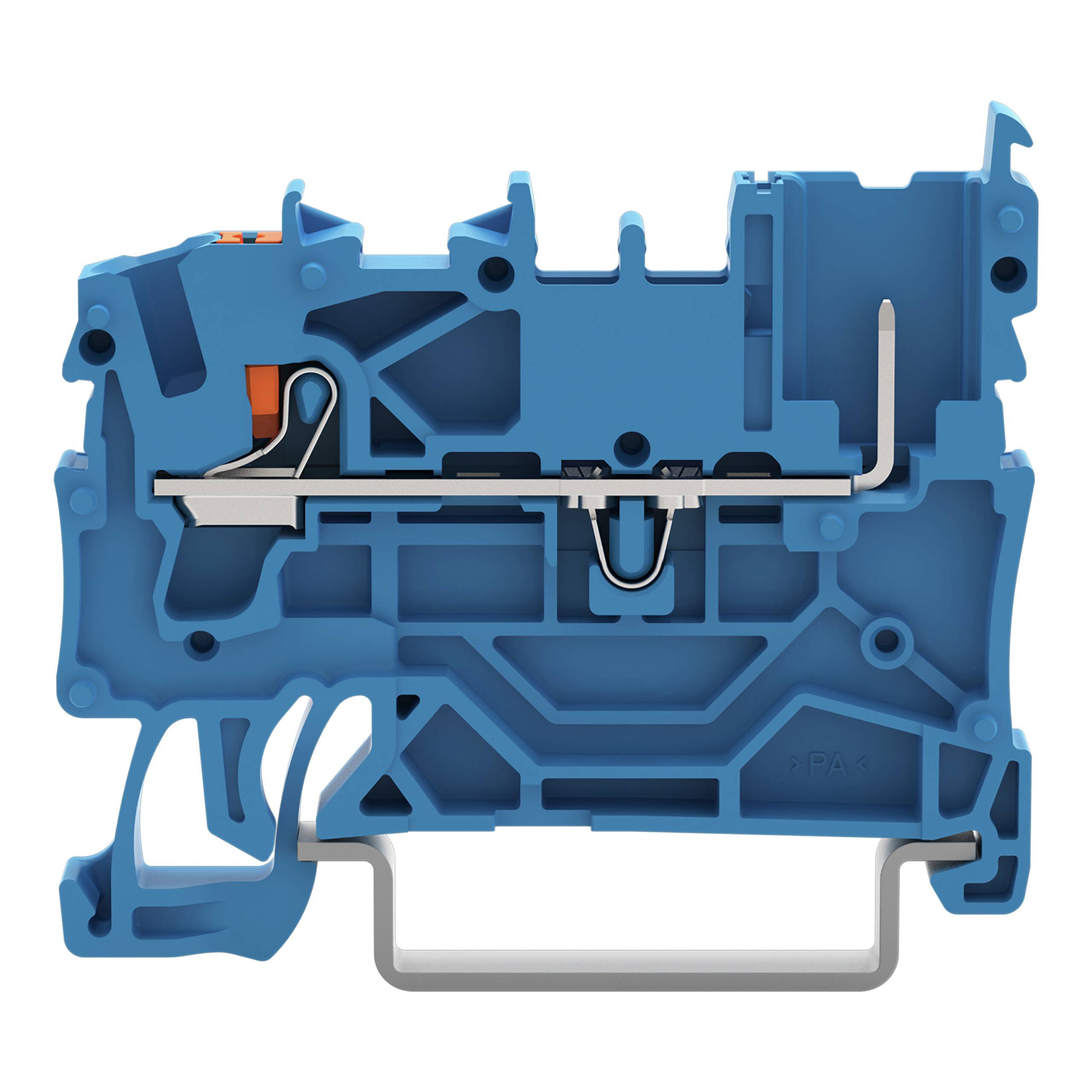 Querschnitt eines blauen Kunststoff-Klemmblocks mit internen Metallkomponenten zur Verwendung bei elektrischen Verbindungen.