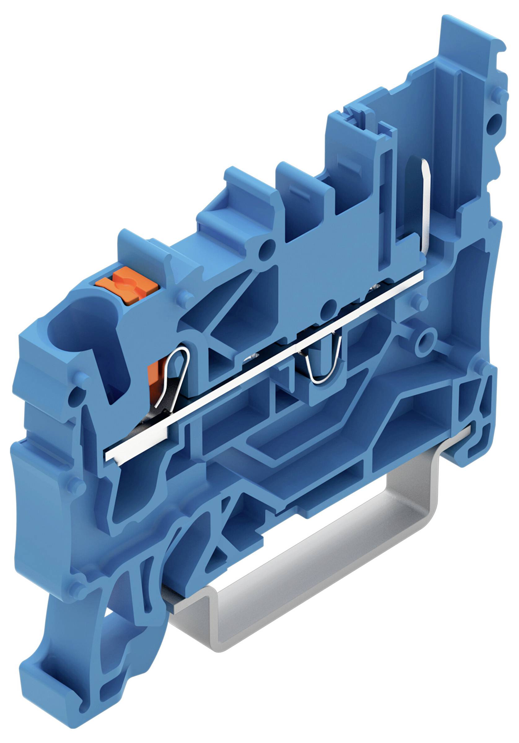 Ein blauer Klemmblock mit einem Metallfedermechanismus, der für elektrische Verbindungen verwendet wird. Verfügt über einen Griff für einfache Montage.