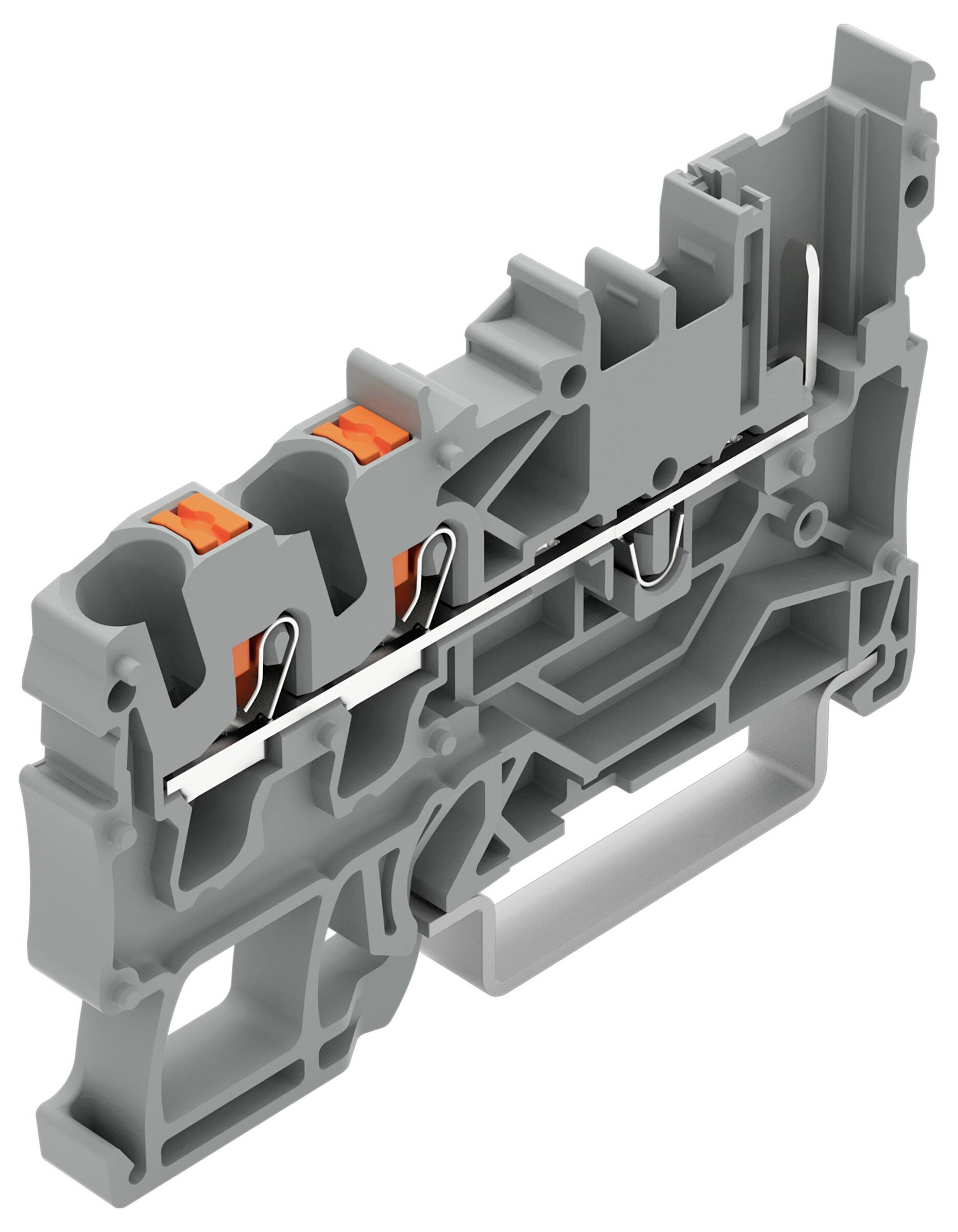 Ein graues Kunststoff-Reihenklemmenblock mit zwei orangefarbenen Hebeln, entwickelt für sichere elektrische Verbindungen in Schaltungsanwendungen.