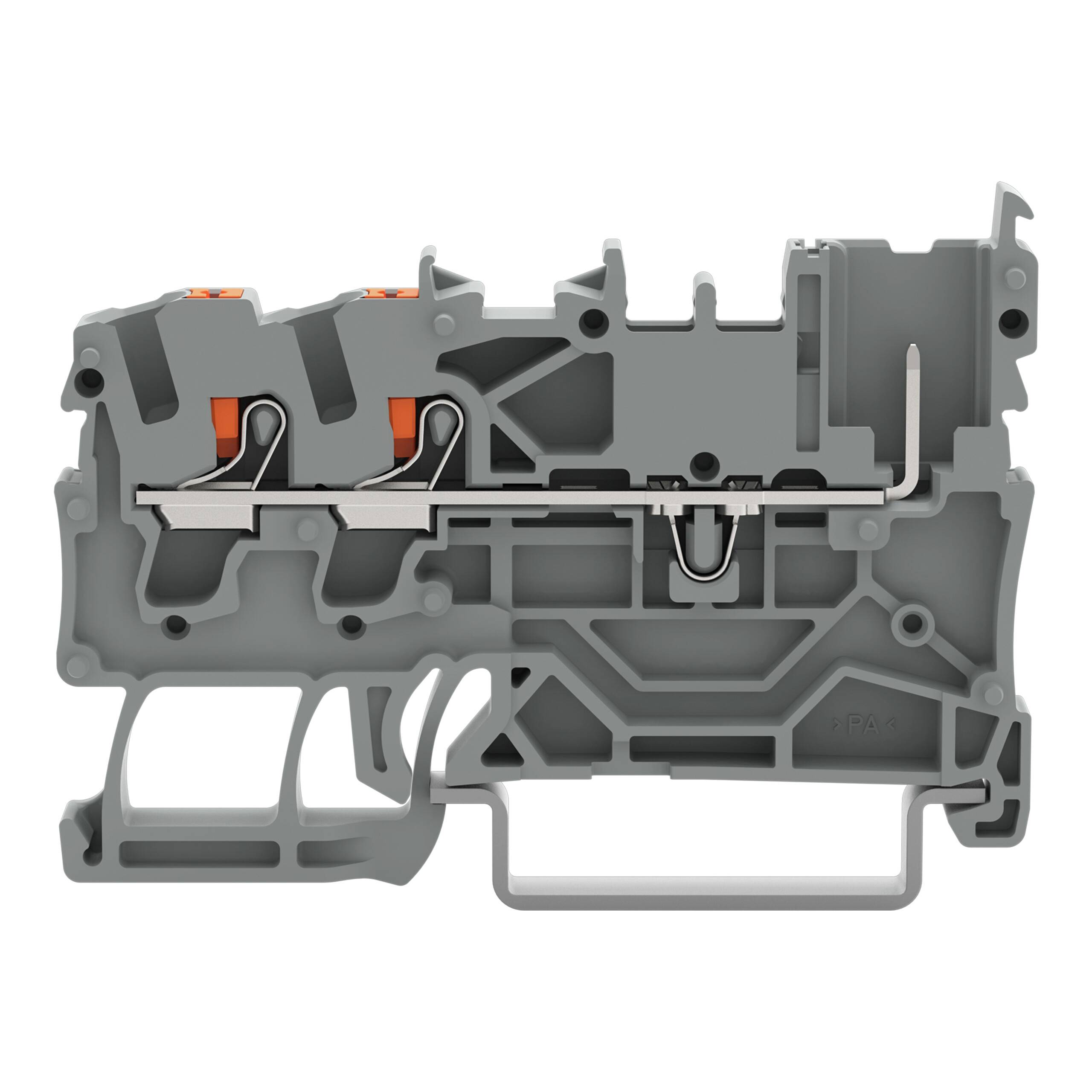 Querschnittansicht einer grauen mechanischen Komponente, möglicherweise eines Klemmenblocks, die interne Verbindungen und Stromwege zeigt.