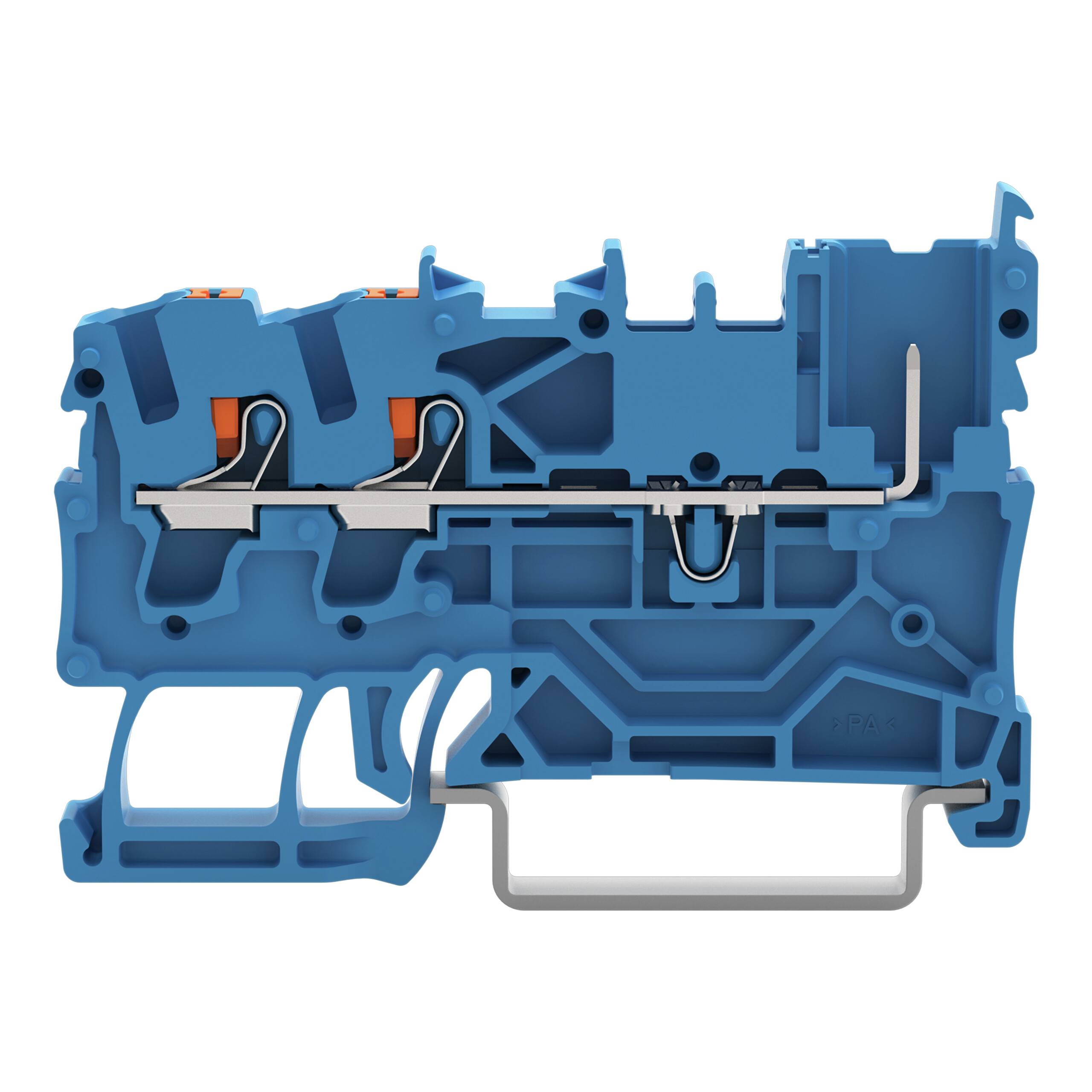 Ein blauer Kunststoff-Klemmblock mit internen Metallkomponenten und orangefarbenen Steckverbindern, der zum Anschließen von elektrischen Drähten in Schaltschränken verwendet wird.
