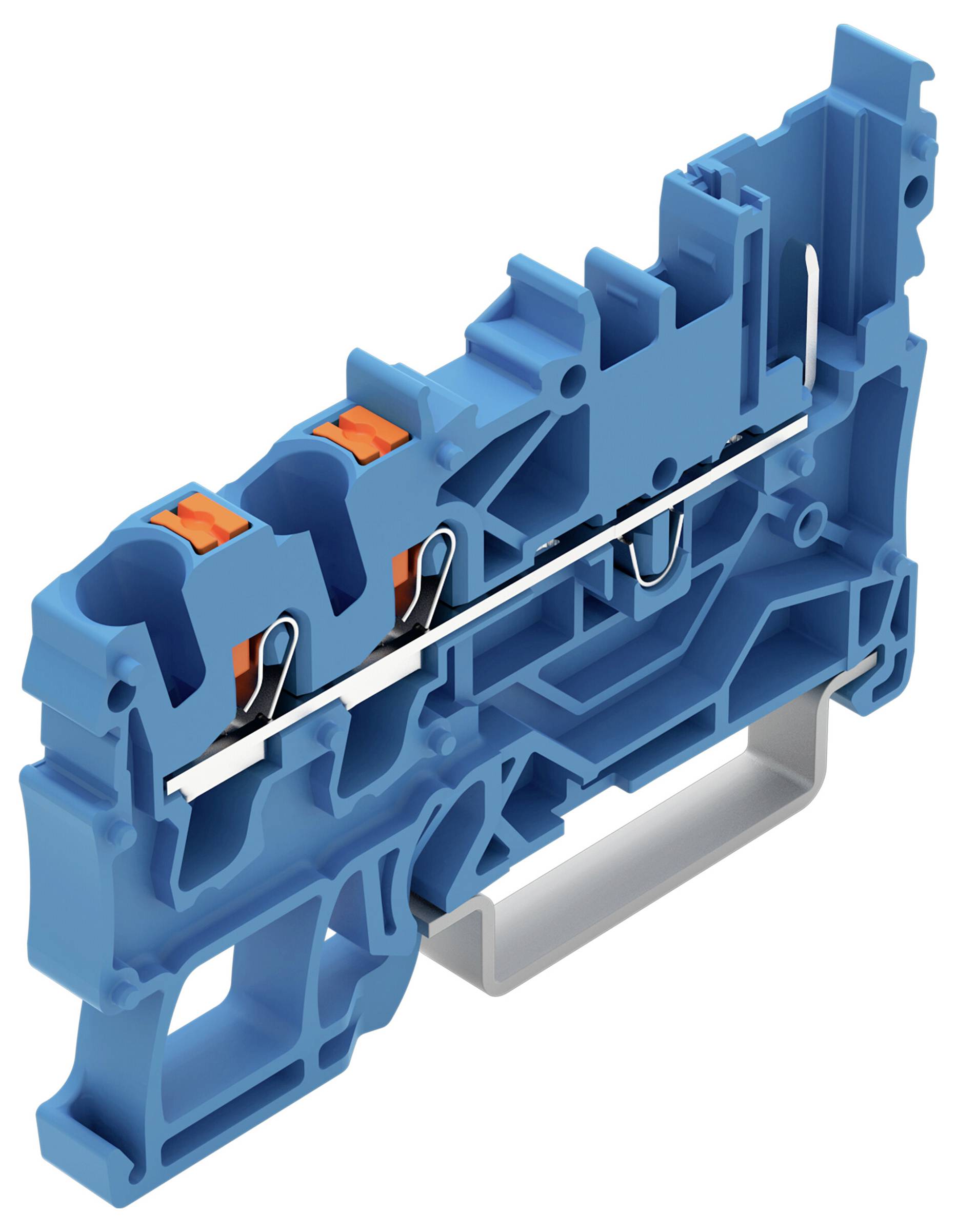 Ein blaues Industrialklemmleistensystem mit orangefarbenen Anschlüssen zur Befestigung von elektrischen Drähten, mit einer grauen Montagebasis.