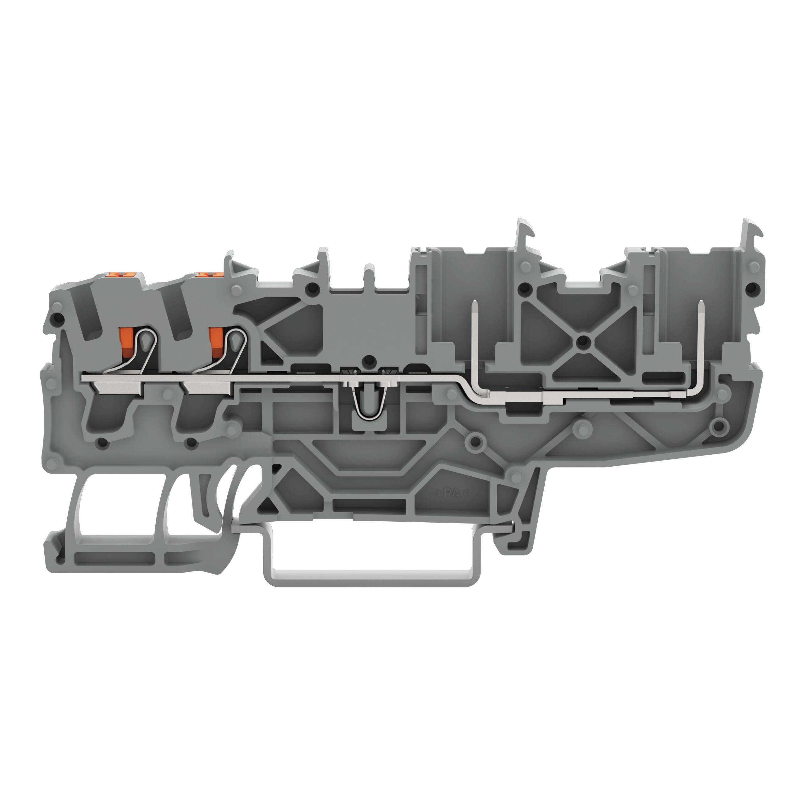 Querschnittansicht eines grauen Kunststoffbauteils, das seine innere Struktur mit sichtbaren Kanälen und orangefarbenen Elementen hervorhebt, wahrscheinlich für mechanische oder elektrische Funktionen.