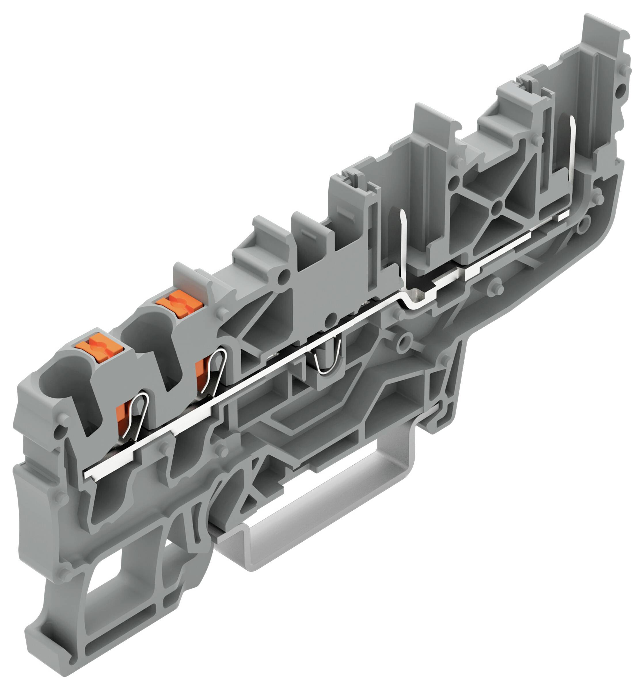 Ein Querschnitt eines grauen Klemmblocks zeigt interne Verbindungen, Kanäle und Sicherungsclips und veranschaulicht seine Struktur und Funktion.