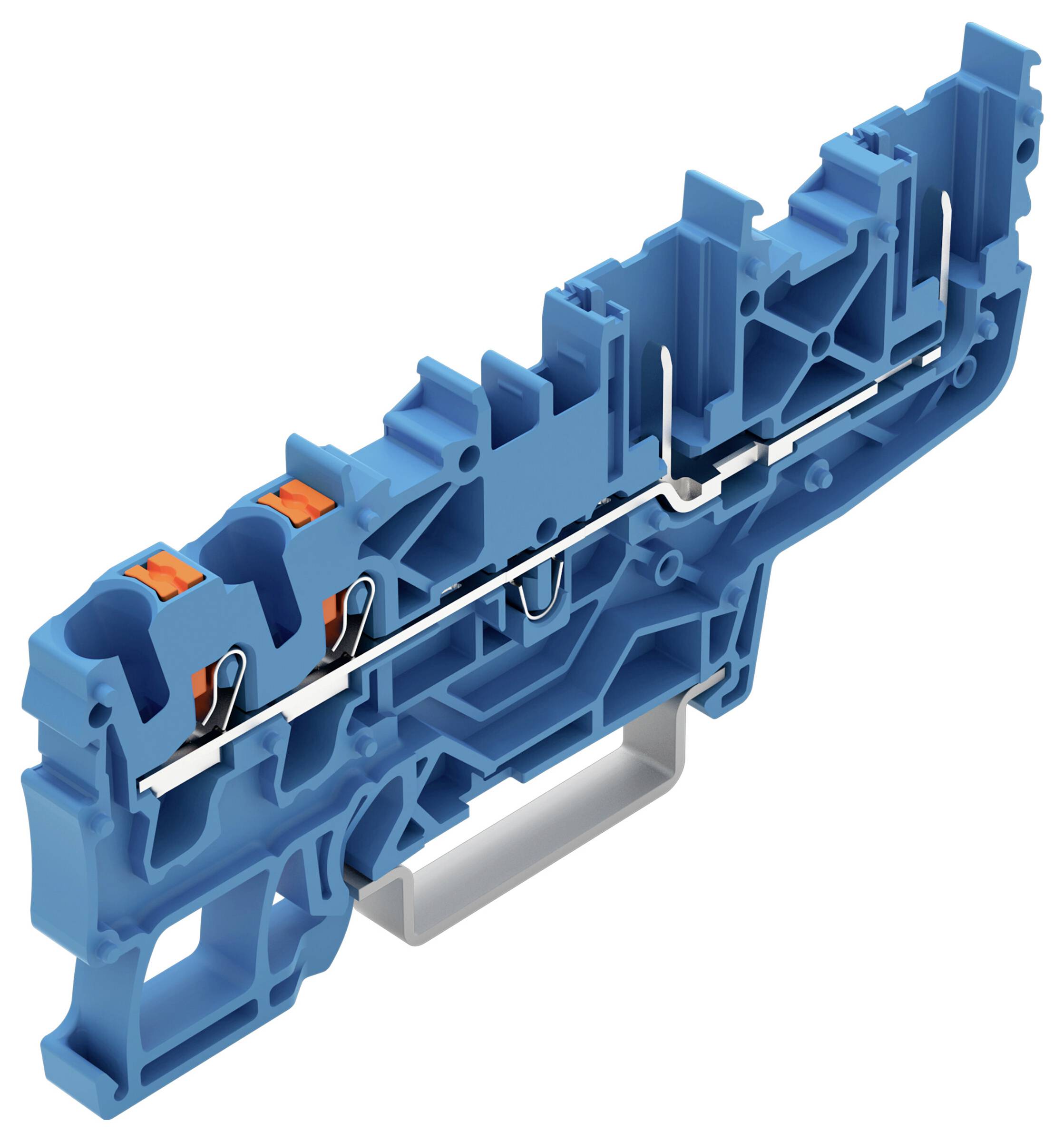 Querschnitt eines blauen Elektro-Klemmblocks, der interne Leitungswege und orange Steckverbinder zeigt, der zum Befestigen von elektrischen Drähten verwendet wird.