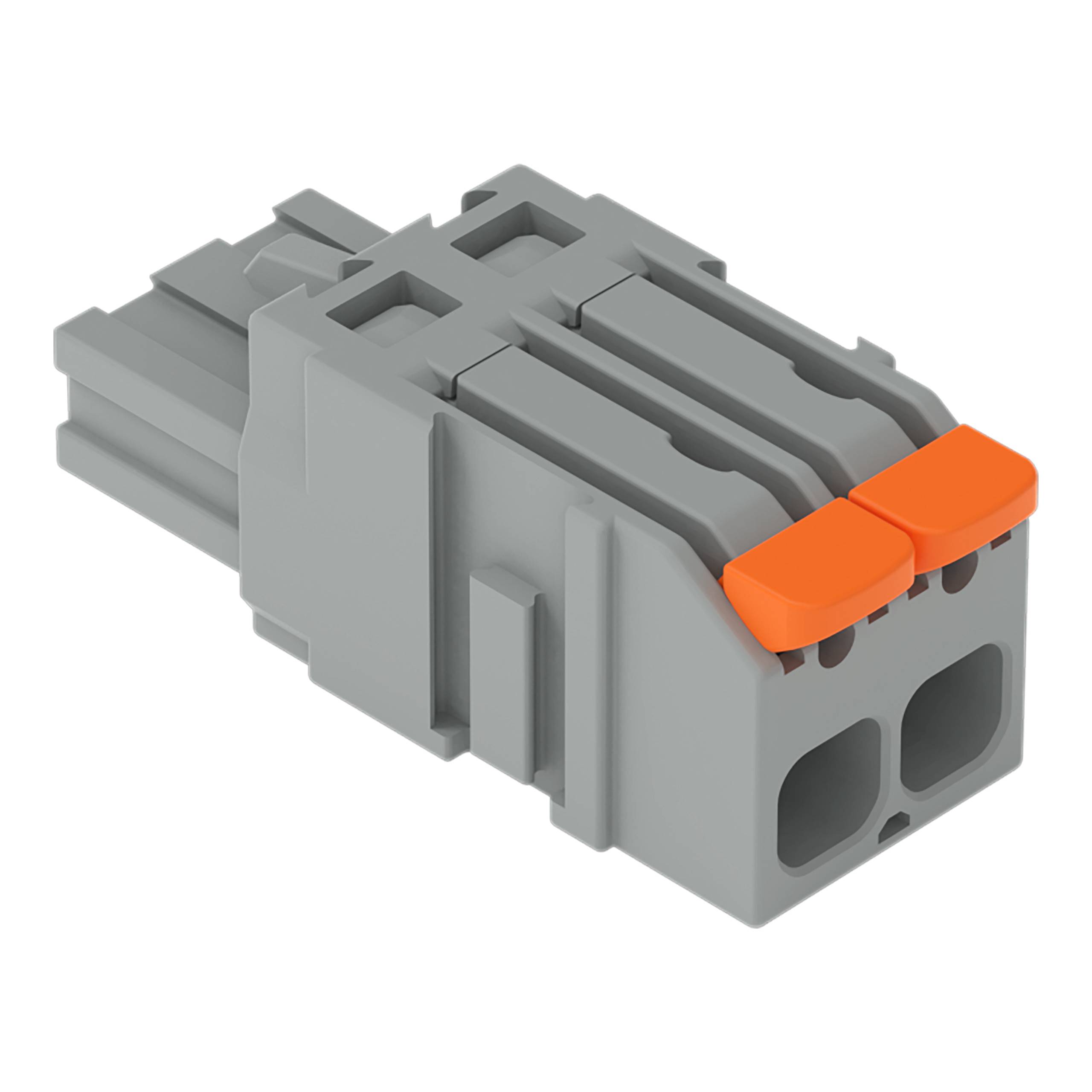 Ein grauer Elektrostecker mit zwei orangefarbenen Klemmhebeln zur Verdrahtung, ausgestattet mit zwei parallelen Schlitzen zum Einschieben von Kabeln.